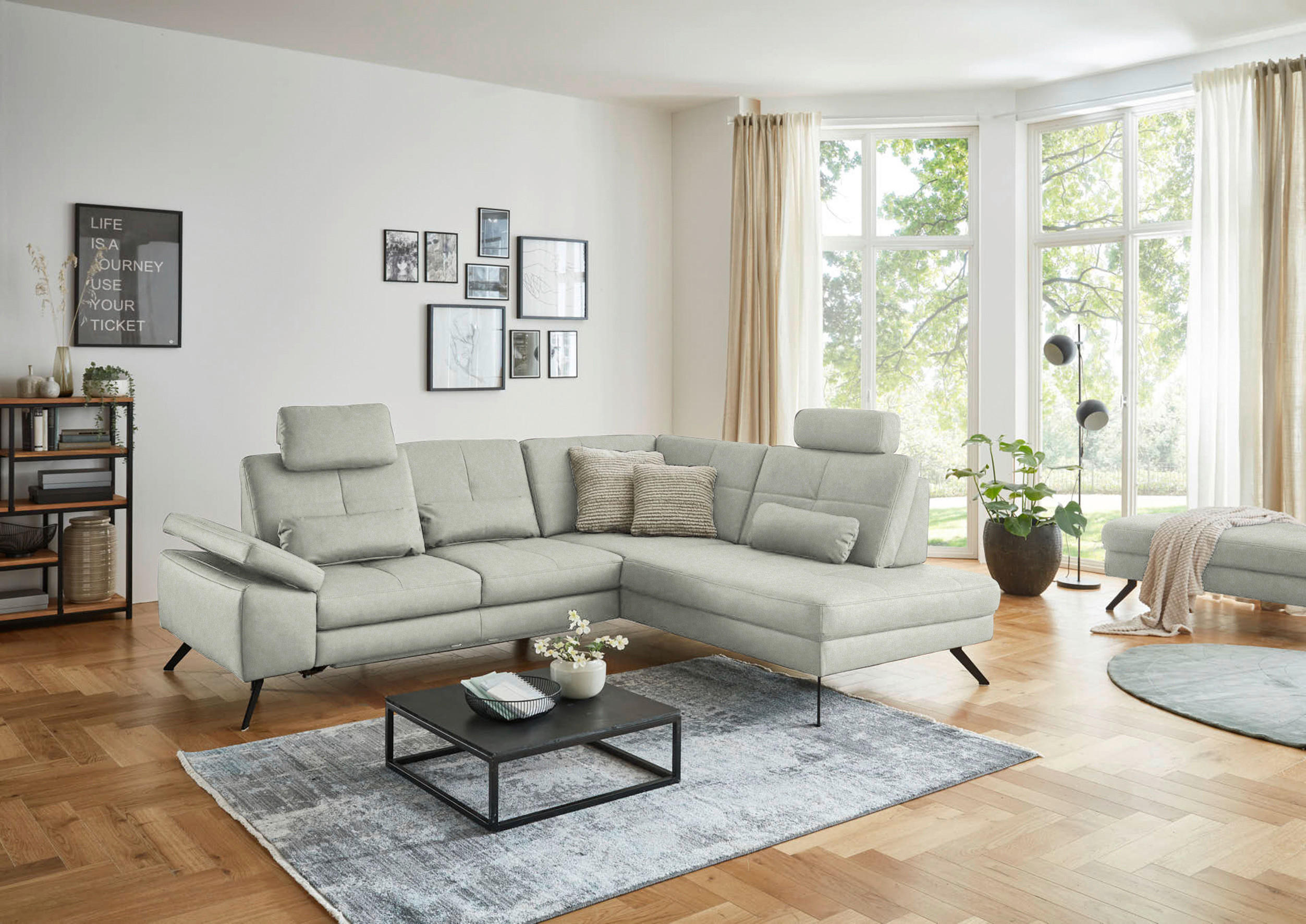 ECKSOFA in Lederlook, Mikrofaser Hellgrau  - Hellgrau/Schwarz, Design, Textil/Metall (261/220cm) - Beldomo System