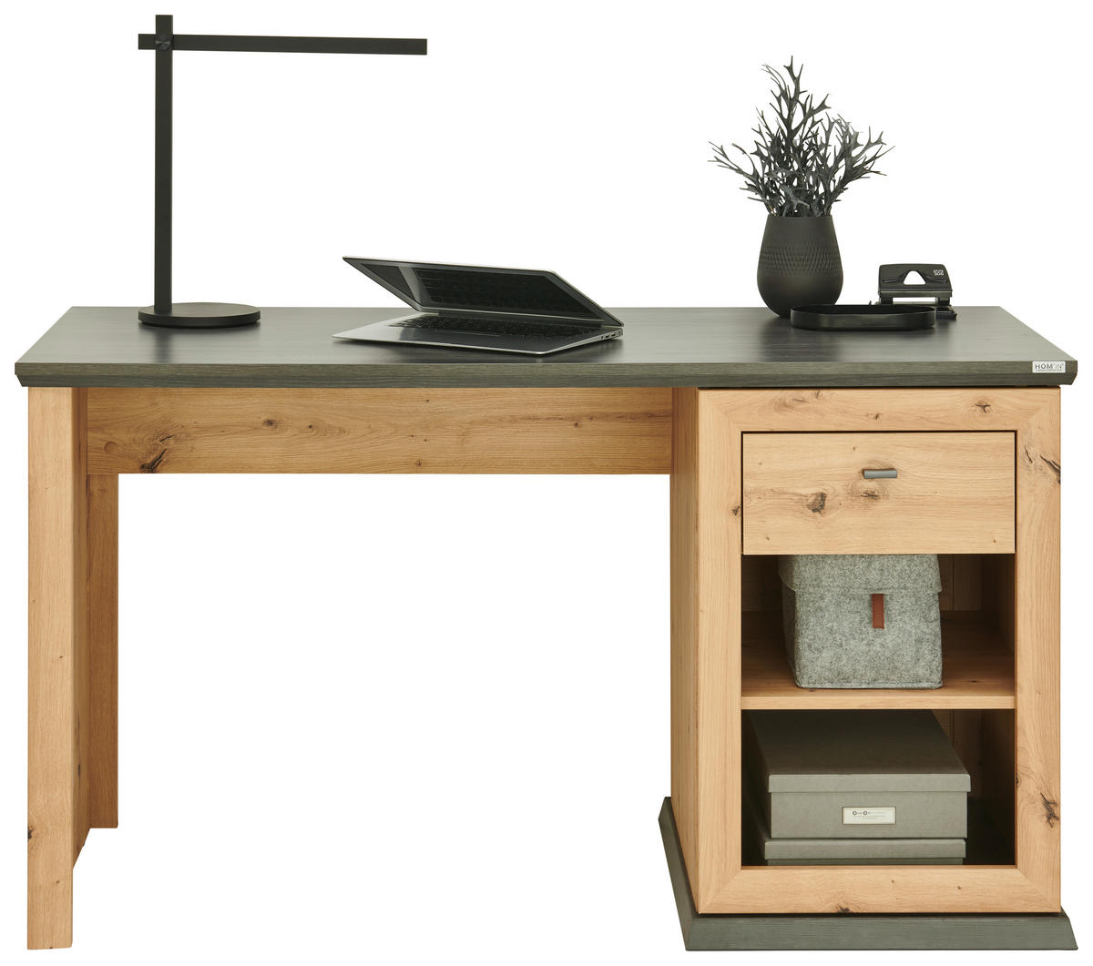 SCHREIBTISCH 135/59/76 cm  in Eichefarben, Dunkelgrau  - Eichefarben/Dunkelgrau, Romantik / Landhaus, Holzwerkstoff/Metall (135/59/76cm) - Hom`in
