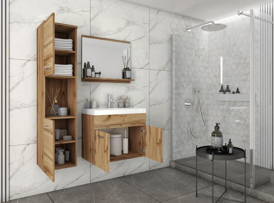 BADEZIMMER 4-teilig  in 90 cm  - Eiche Wotan/Weiß, LIFESTYLE, Holzwerkstoff/Metall (90cm) - P & B