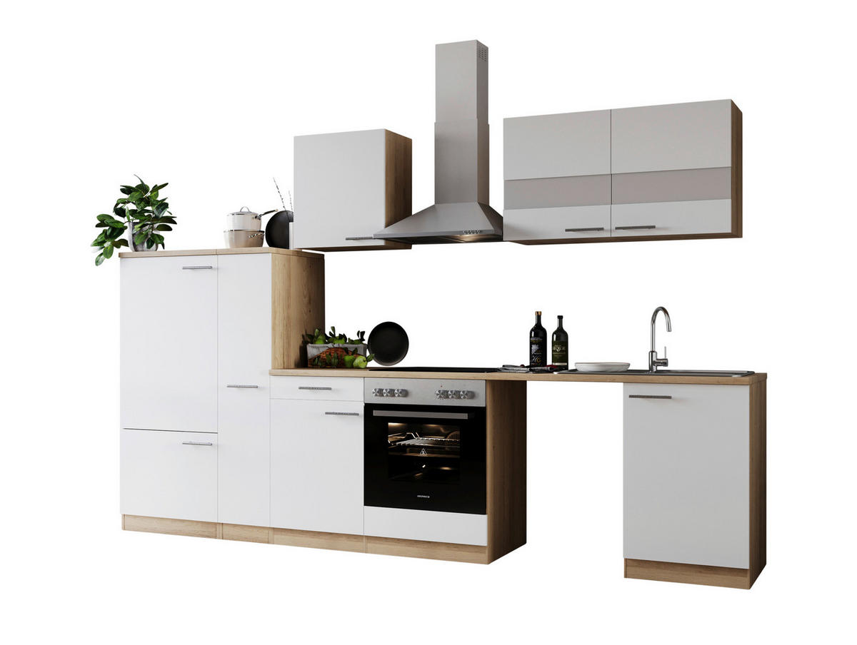 KÜCHENBLOCK 310 cm   in Weiß  - Edelstahlfarben/Eichefarben, Basics, Glas/Holzwerkstoff (310cm) - Respekta