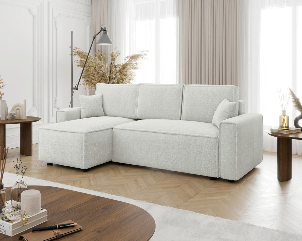 ECKSOFA Weiß Bouclé Zierkissen, Rückenkissen, Bettkasten, Schlaffunktion, Rücken echt, Liegefläche im Originalstoff  - Schwarz/Weiß, MODERN, Kunststoff/Textil (143/232cm) - Carryhome