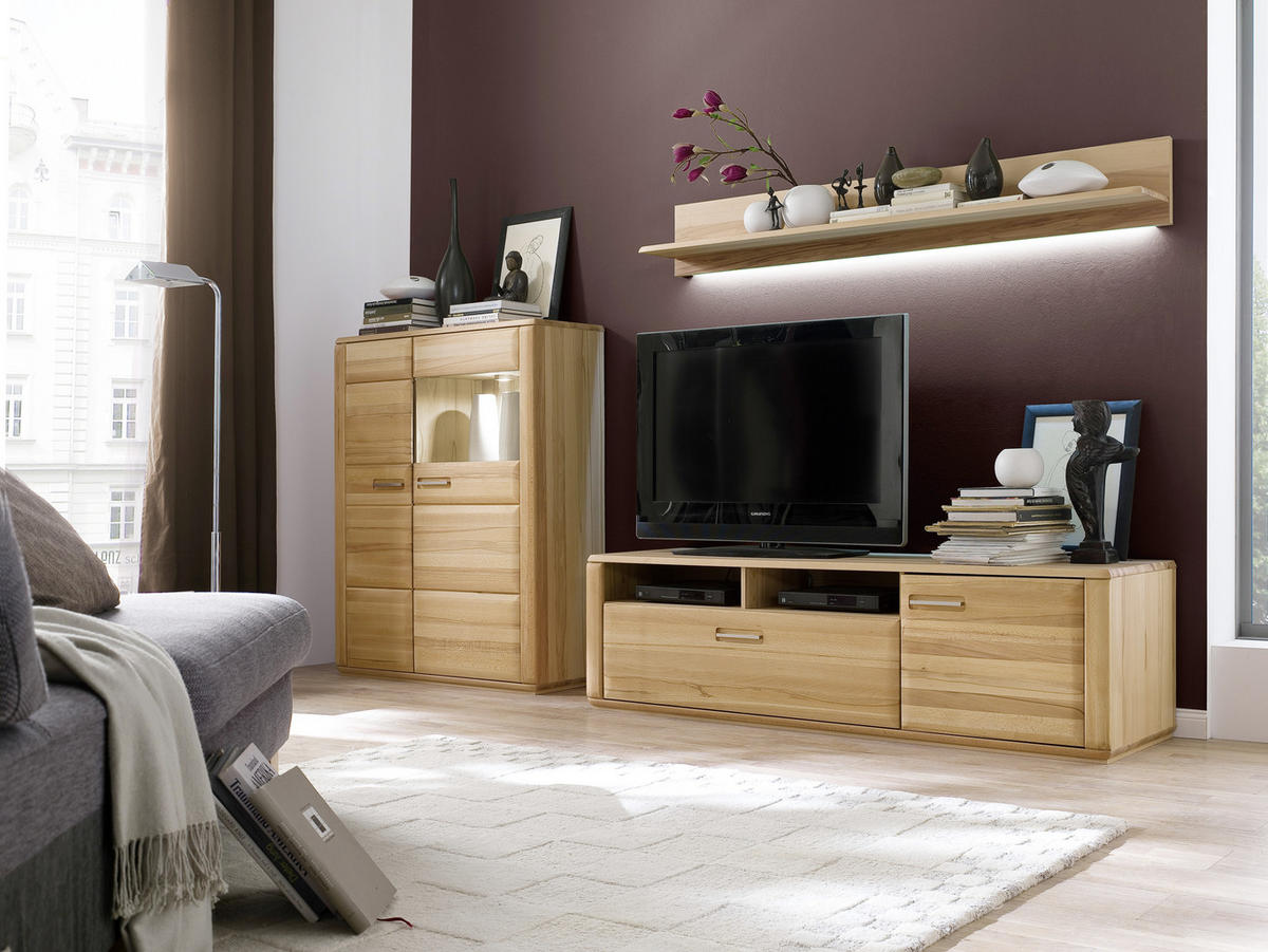 WOHNWAND La Paz  in Buchefarben  300/176/51 cm  - Buchefarben/Silberfarben, Design, Glas/Holz (300/176/51cm) - Livetastic