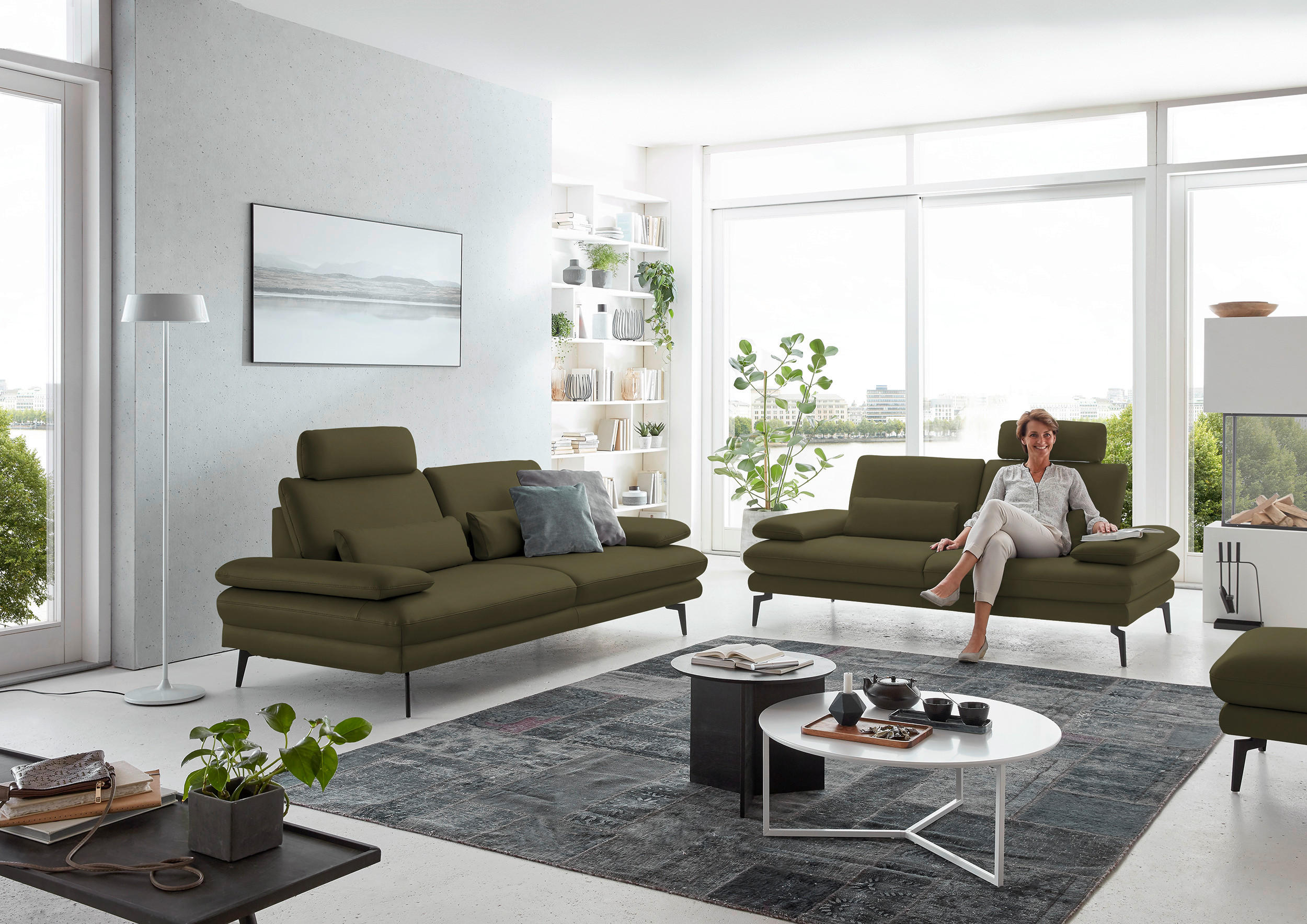 3-SITZER-SOFA in Leder Olivgrün  - Schwarz/Olivgrün, Design, Leder/Metall (222/86/104cm) - Dieter Knoll