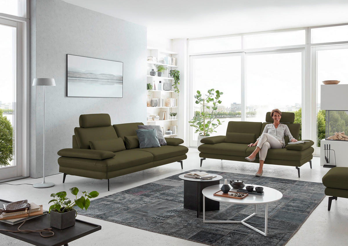 3-SITZER-SOFA in Echtleder Olivgrün  - Schwarz/Olivgrün, Design, Leder/Metall (222/86/104cm) - Dieter Knoll