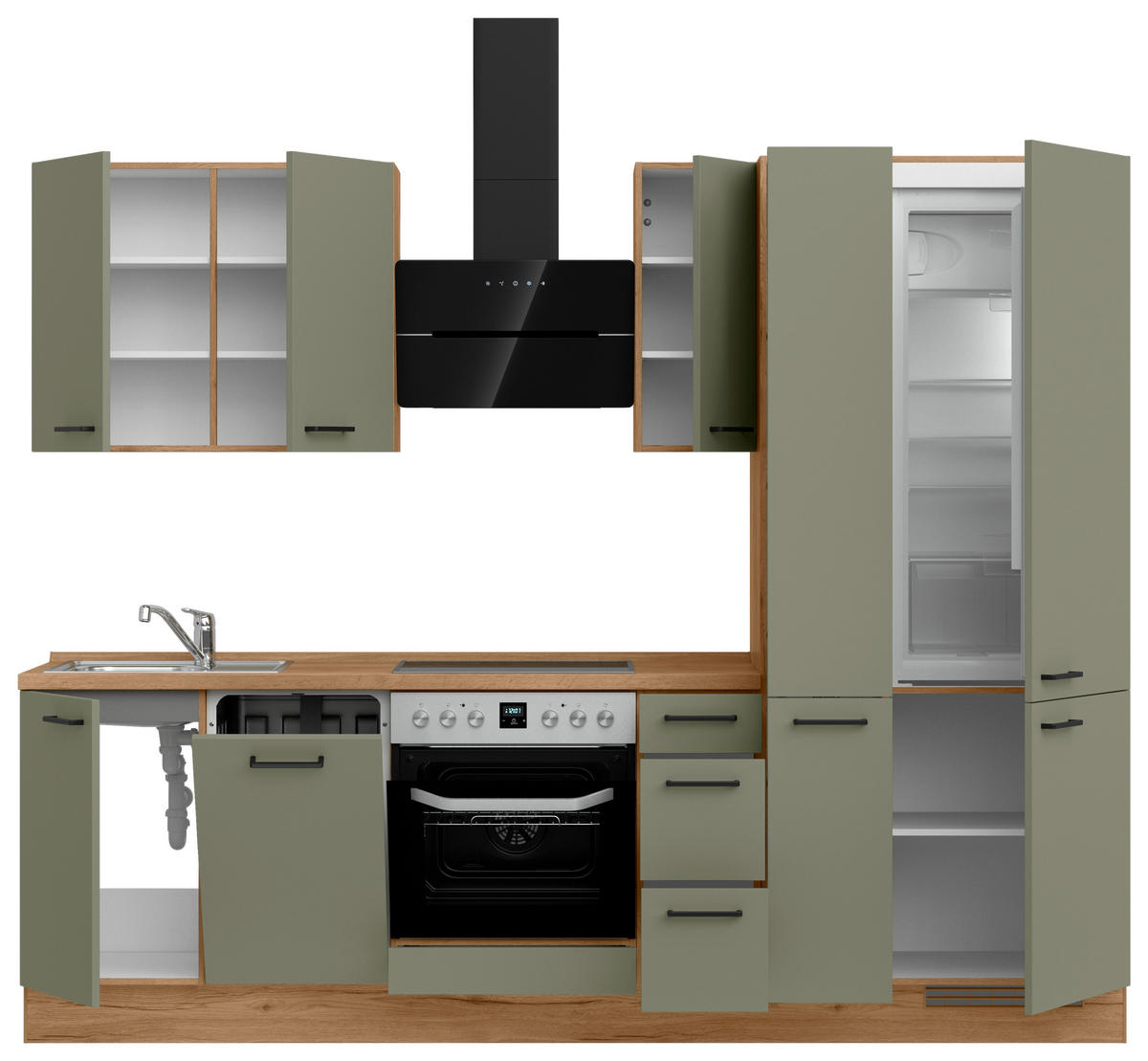 KÜCHENLEERBLOCK 270 cm   Eichefarben, Olivgrün  - Eichefarben/Schwarz, Romantik / Landhaus, Holzwerkstoff/Metall (270cm) - Celina