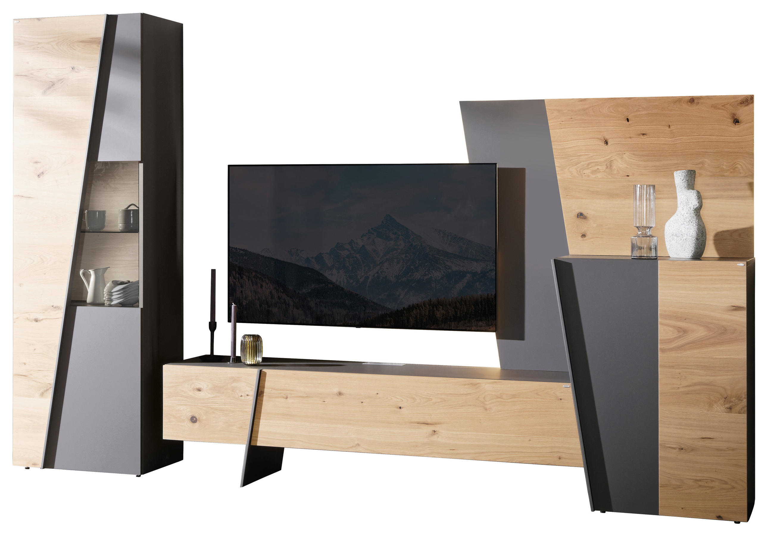 WOHNWAND  Graphitfarben, Wildeiche 319/202/45 cm  - Wildeiche/Anthrazit, Natur, Glas/Holz (319/202/45cm) - Voglauer