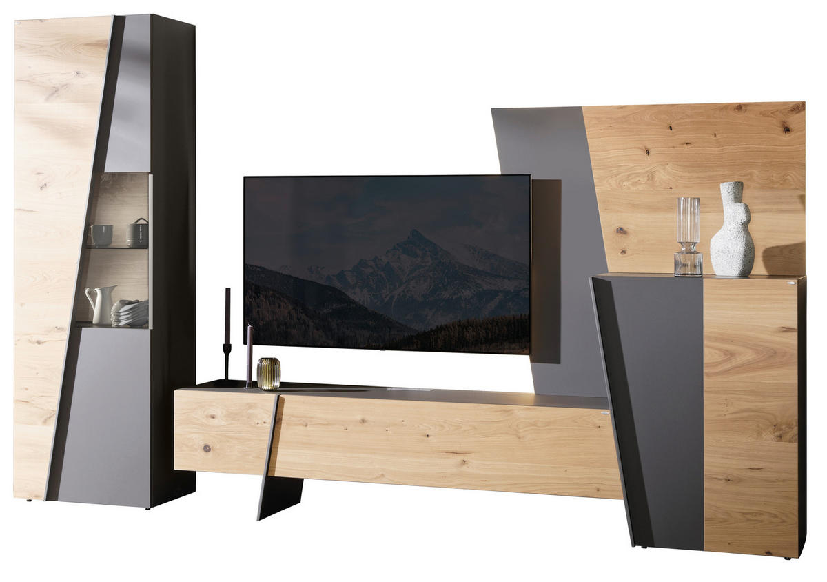 WOHNWAND  Graphitfarben, Wildeiche 319/202/45 cm  - Wildeiche/Anthrazit, Natur, Glas/Holz (319/202/45cm) - Voglauer