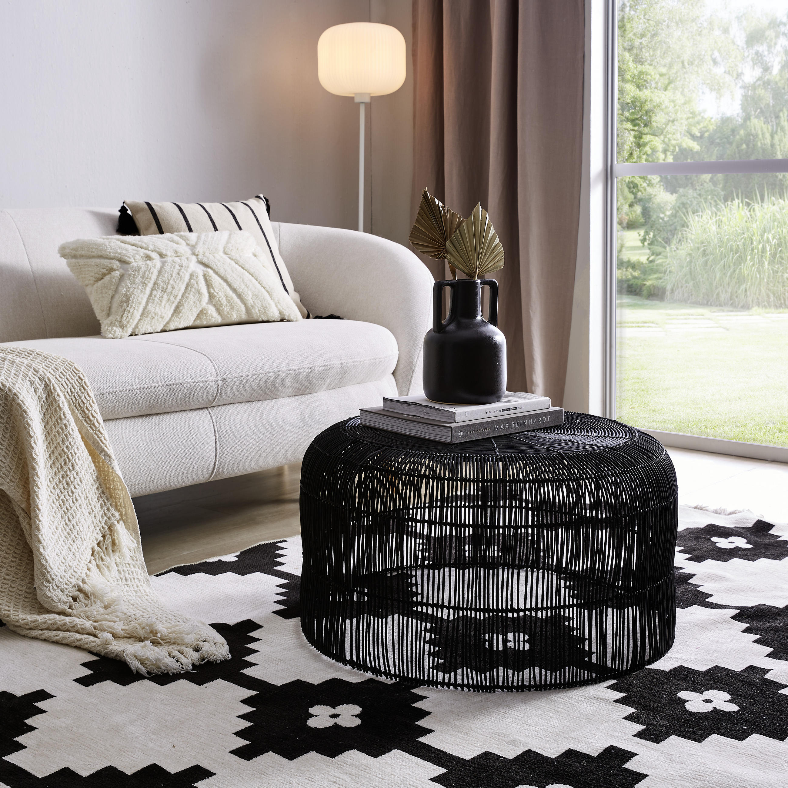 COUCHTISCH Rattan massiv rund Schwarz - Schwarz, Trend, Holz/Metall (72/72/37cm) - Livetastic
