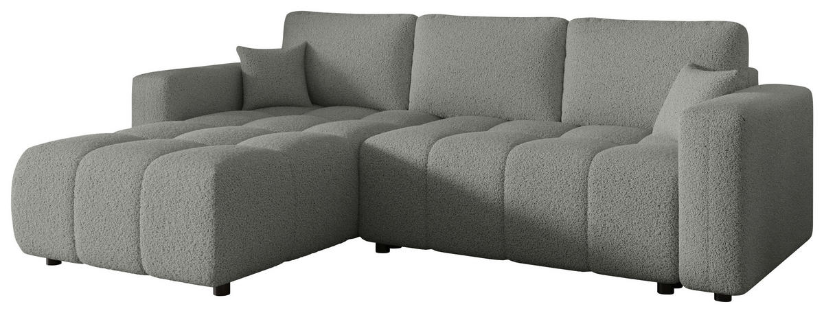 ECKSOFA Hellgrau Bouclé Zierkissen, Rückenkissen, Bettkasten, Schlaffunktion, Rücken echt, Liegefläche im Originalstoff  - Hellgrau/Schwarz, MODERN, Kunststoff/Textil (190/280cm) - Carryhome