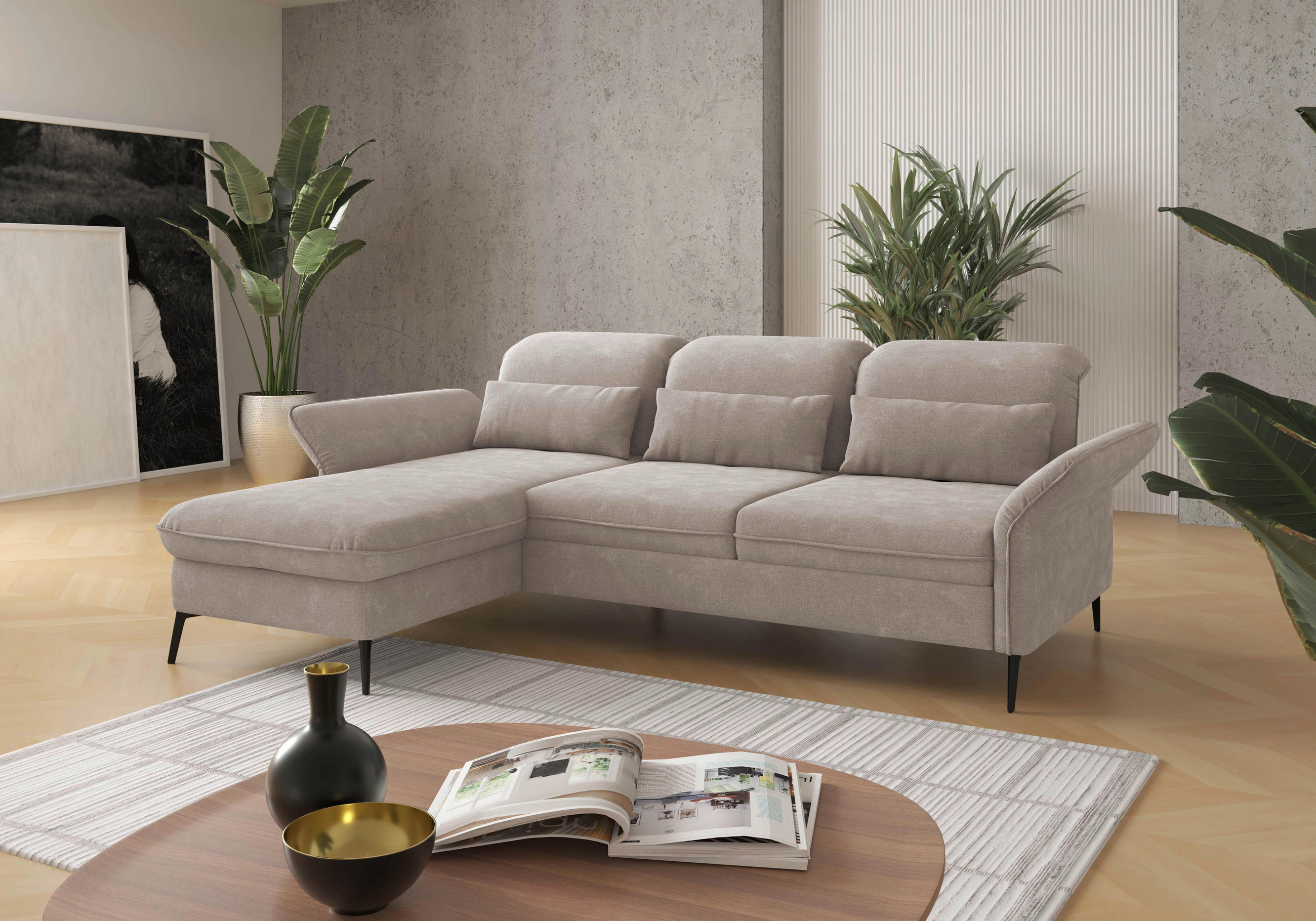 ECKSOFA in Flachgewebe Greige  - Greige/Schwarz, Konventionell, Textil/Metall (198/264cm) - Sit & More