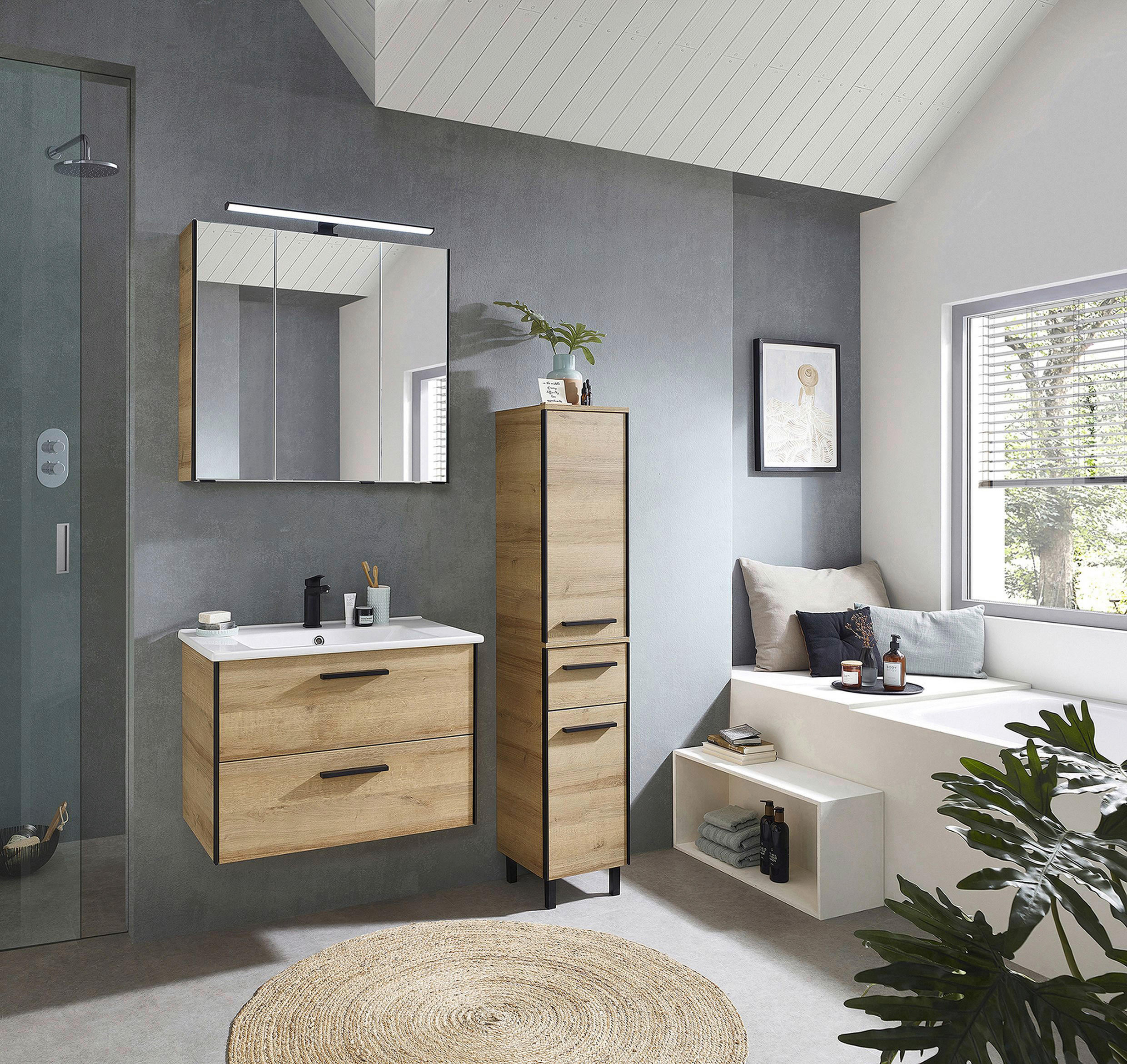 BADEZIMMER 3-teilig in - Eichefarben/Schwarz, Natur, Keramik/Holzwerkstoff (75/200/45cm) - Xora