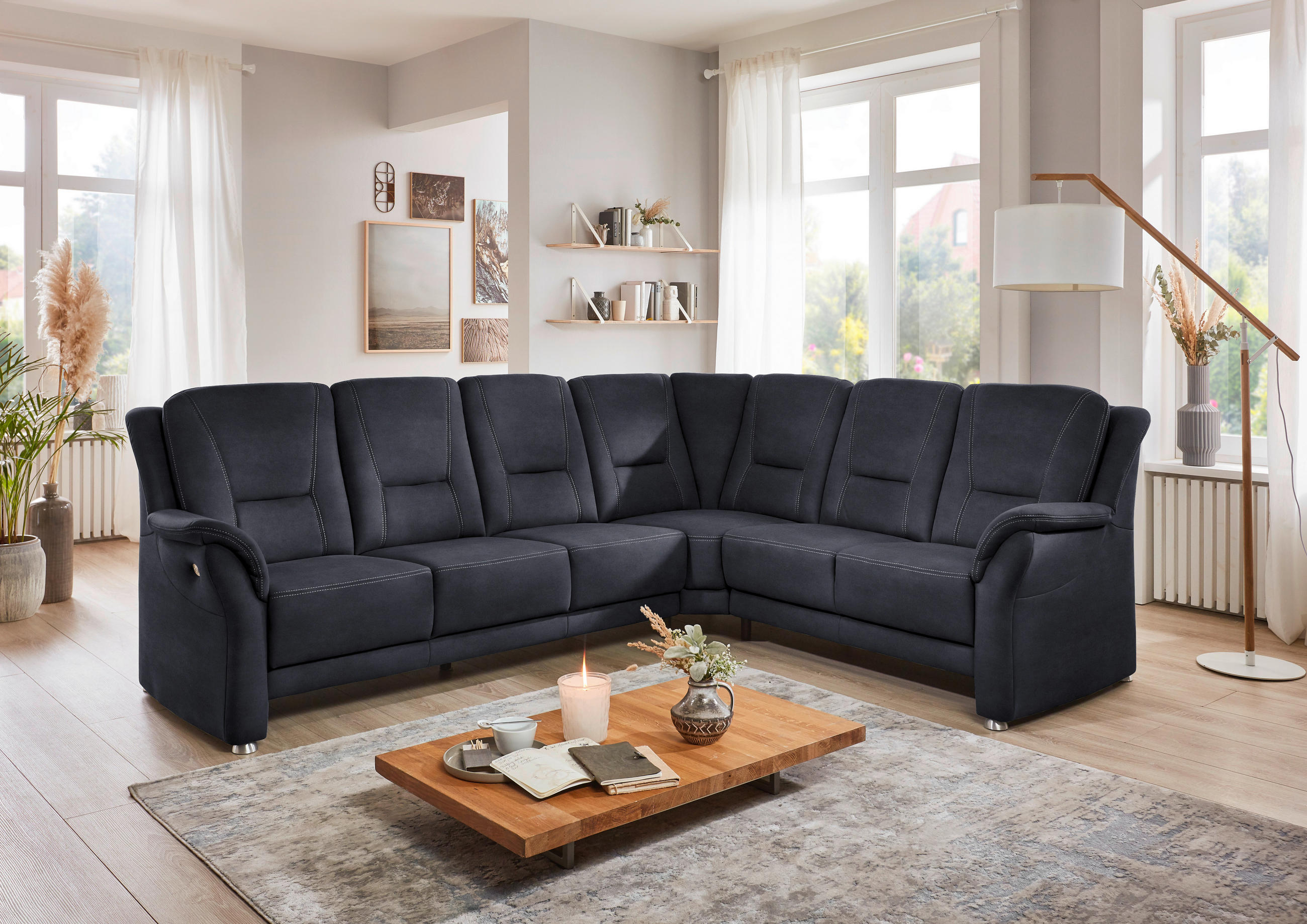 ECKSOFA in Mikrofaser Dunkelblau 275/223 cm - Beige/Alufarben, KONVENTIONELL, Textil/Metall (275/223cm) - Beldomo Comfort