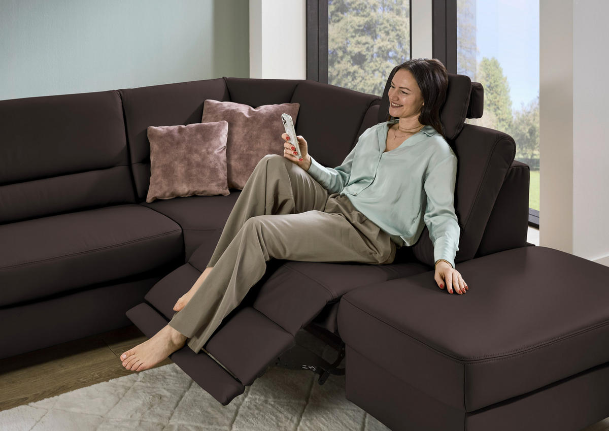 ECKSOFA Echtleder Mokka  - Schwarz/Mokka, Konventionell, Leder/Metall (290/249cm) - Beldomo Premium