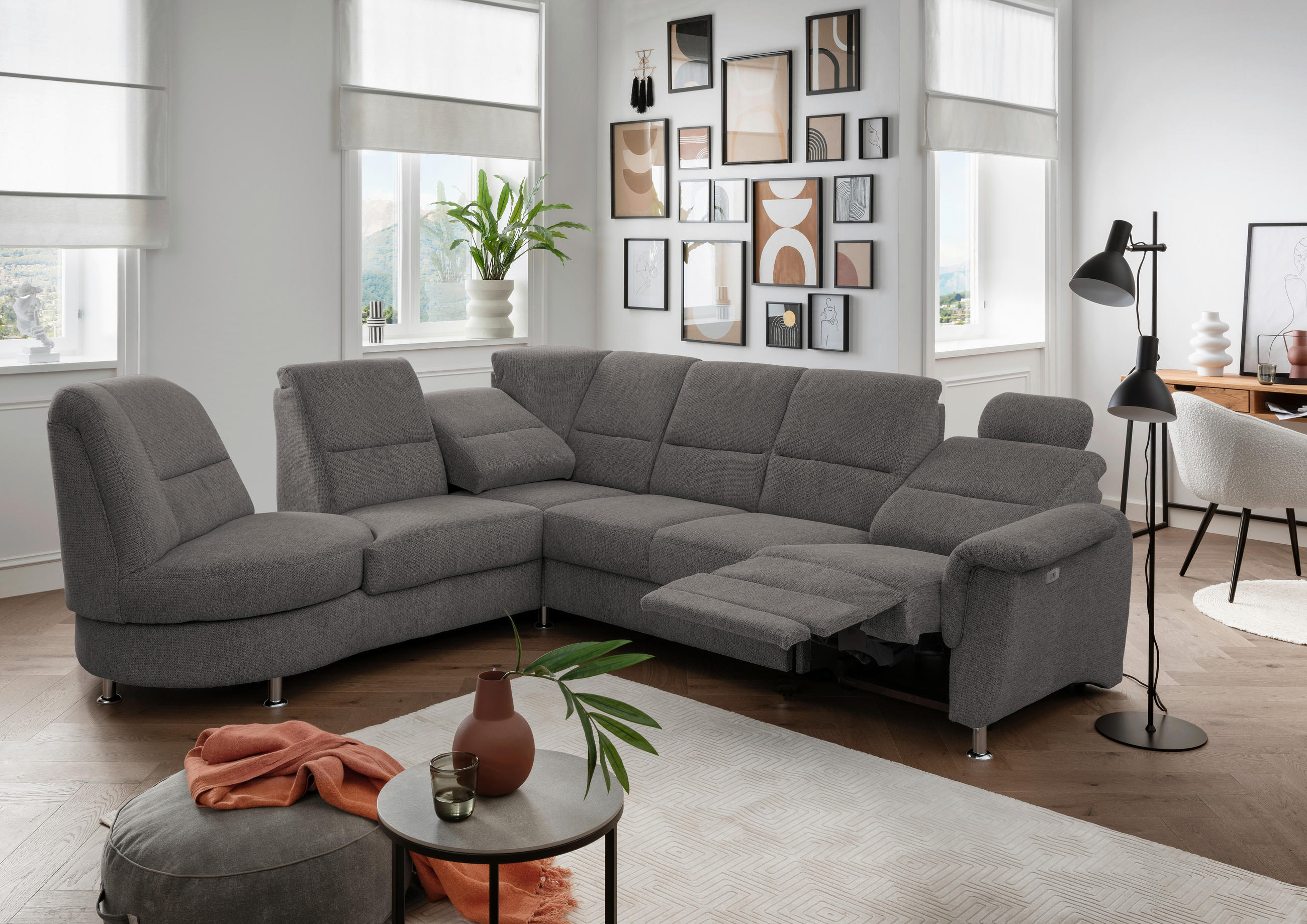 ECKSOFA in Chenille Graubraun  - Chromfarben/Graubraun, Modern, Textil/Metall (236/275cm) - Livetastic