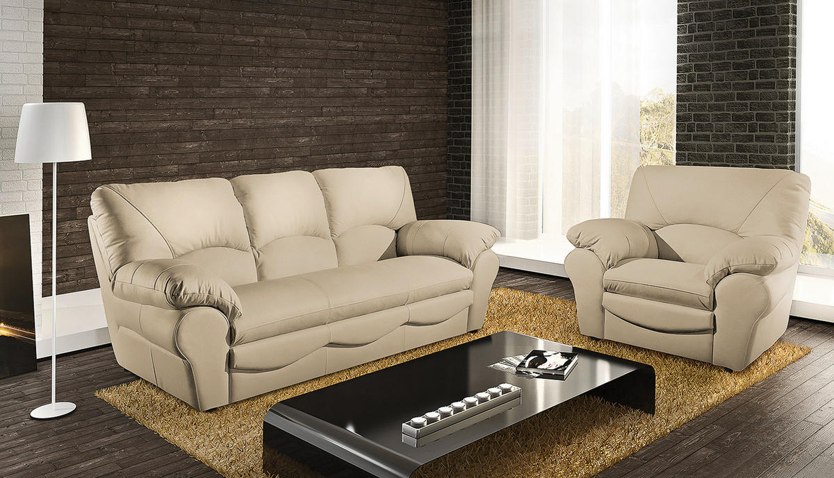 3-SITZER-SOFA in Echtleder Beige  - Beige/Schwarz, Design, Leder/Kunststoff (205/92/85cm) - Livetastic