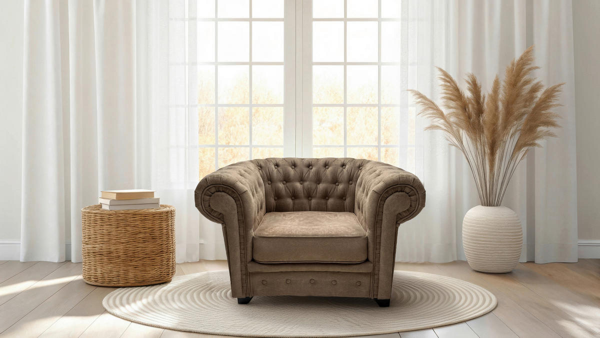 KRESLO CHESTERFIELD, textil, kompozitné drevo, svetlohnedá - svetlohnedá/čierna, Konventionell, drevo/kompozitné drevo (91/72/92cm) - Livetastic