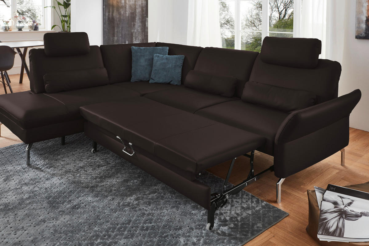 ECKSOFA in Echtleder Dunkelbraun  - Dunkelbraun/Alufarben, Konventionell, Leder/Metall (220/284cm) - Beldomo Premium