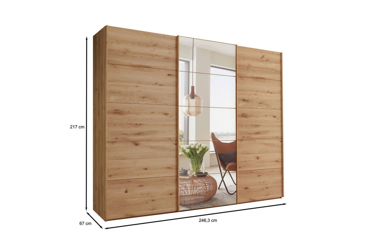 SCHWEBETÜRENSCHRANK 250/217/67 cm 3-türig Eiche Bianco  - Eiche Bianco, Natur, Glas/Holz (250/217/67cm) - Linea Natura