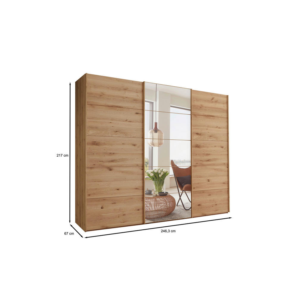 Thumbnail - Linea Natura Schwebetürenschrank, Eiche Bianco, Holz, Eiche, teilmassiv, 6 Fächer, 250x217x67 cm, ISO 9001, Goldenes M, ...