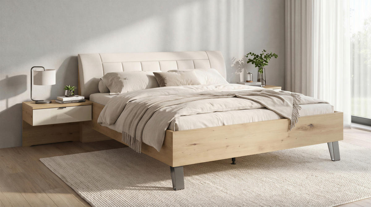 BETTANLAGE - Eiche Bianco/Champagner, KONVENTIONELL, Glas/Textil (180/200cm) - Dieter Knoll