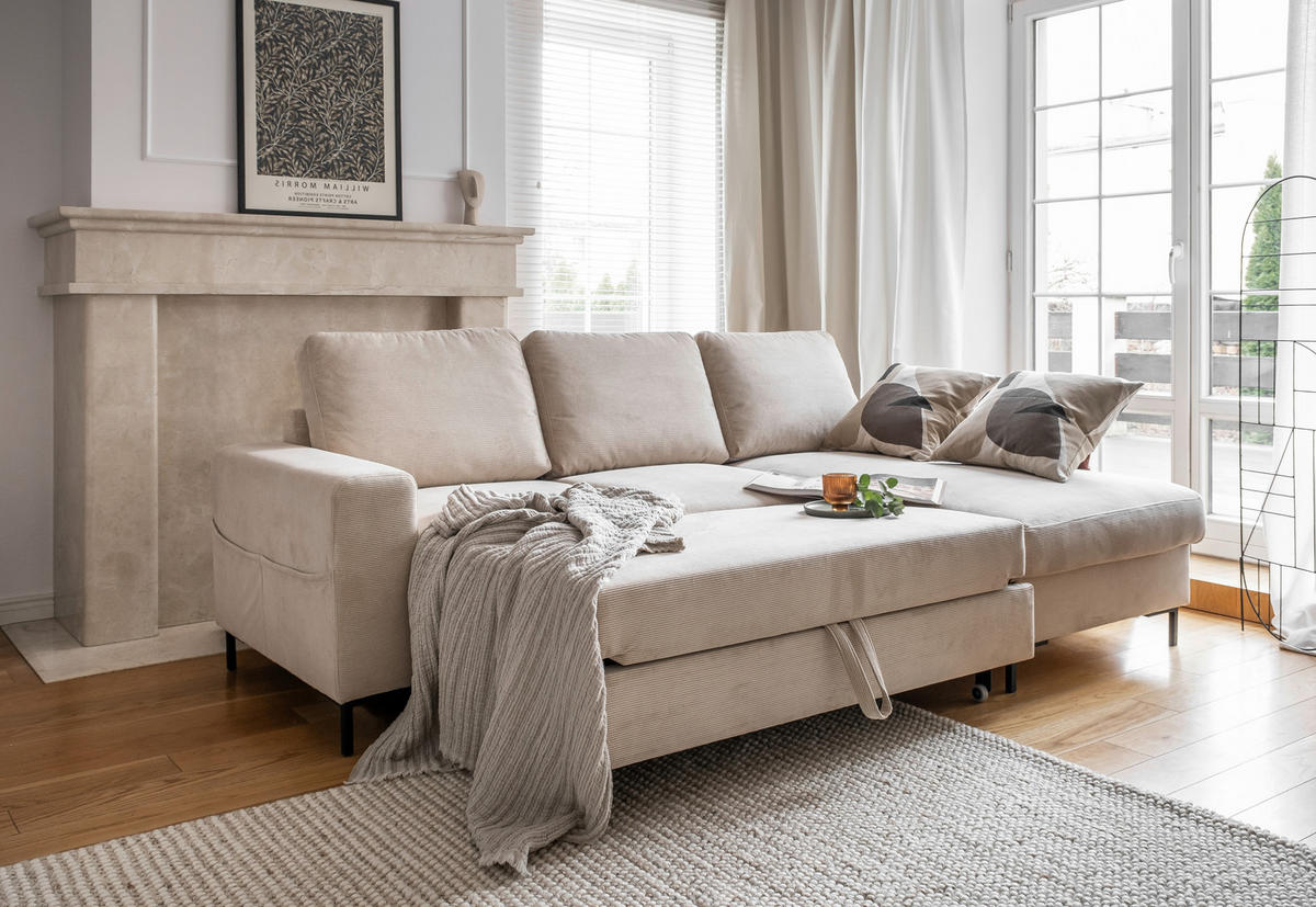 ECKSOFA in Cord Beige  236/148 cm  - Beige/Schwarz, Design, Textil/Metall (236/148cm) - MID.YOU