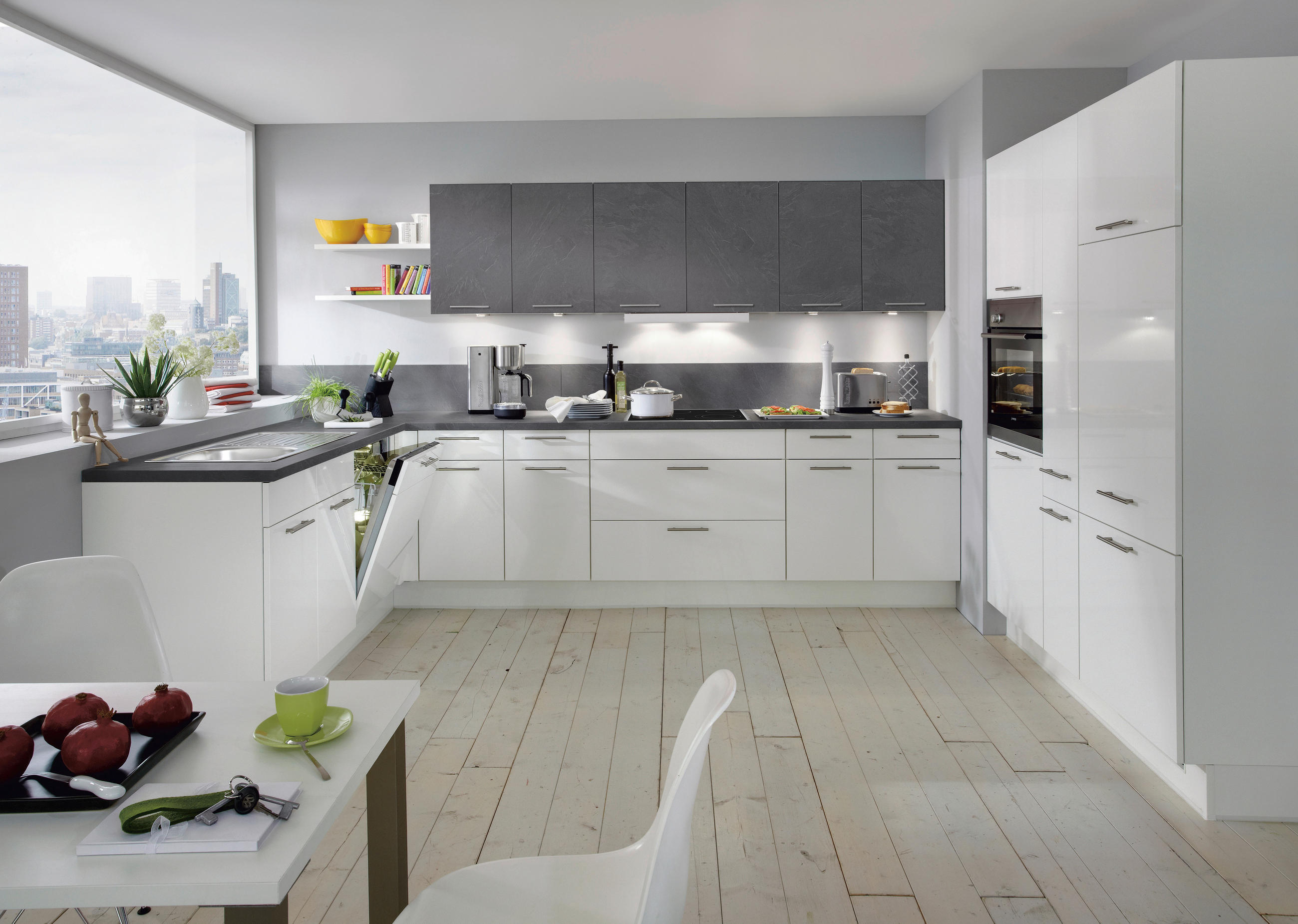 EINBAUKÜCHE   - Weiss/Grau, Design, Holzwerkstoff - Celina