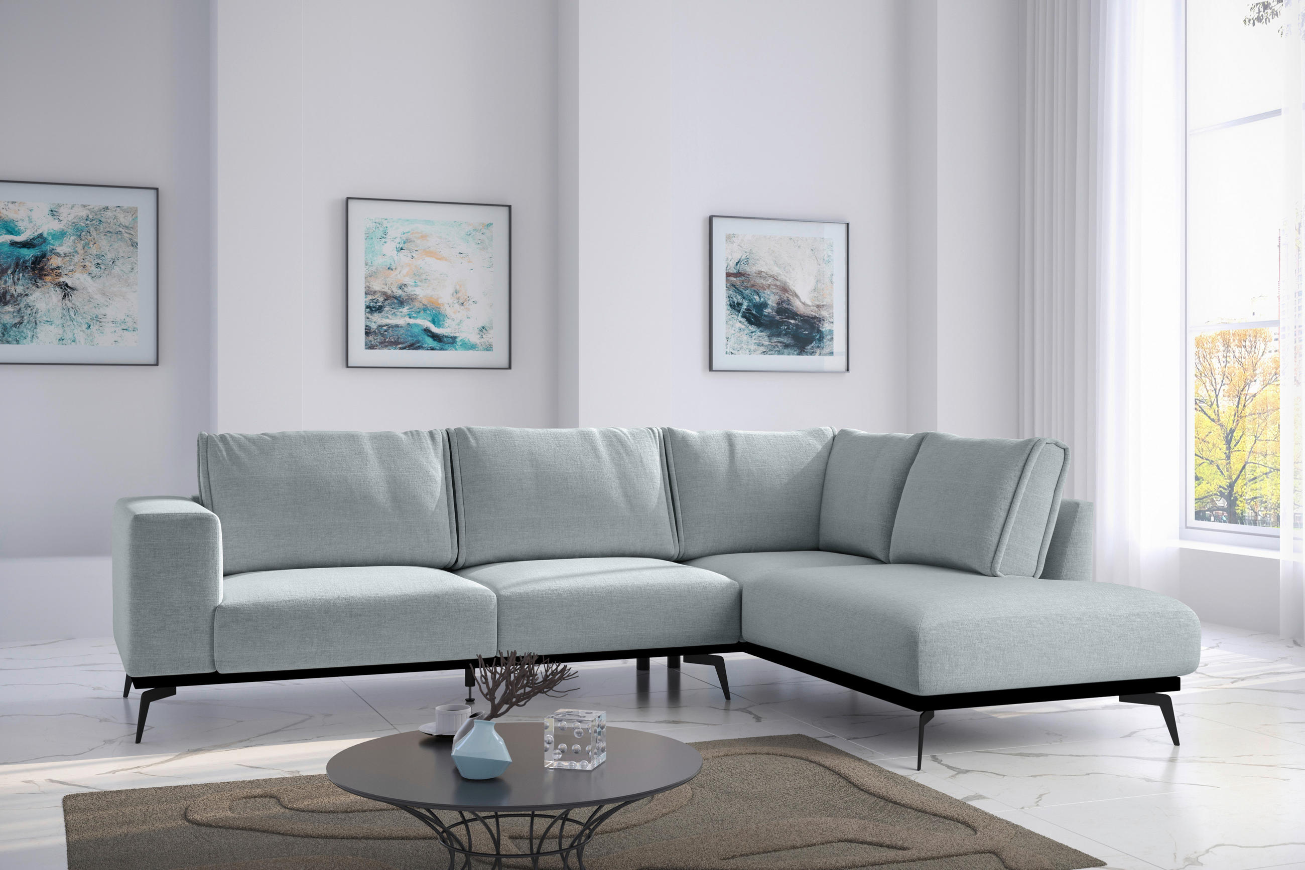 ECKSOFA Hellgrau beflockt  - Hellgrau/Schwarz, Design, Holz/Textil (293/200cm) - MID.YOU