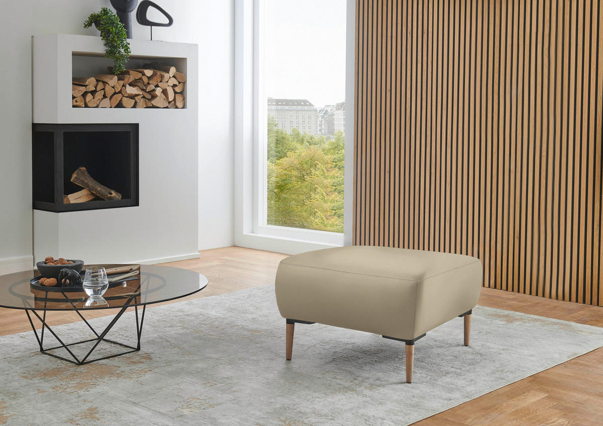 HOCKER Leder Ecru  - Ecru/Beige, Natur, Leder/Holz (65/46/55cm) - Valnatura