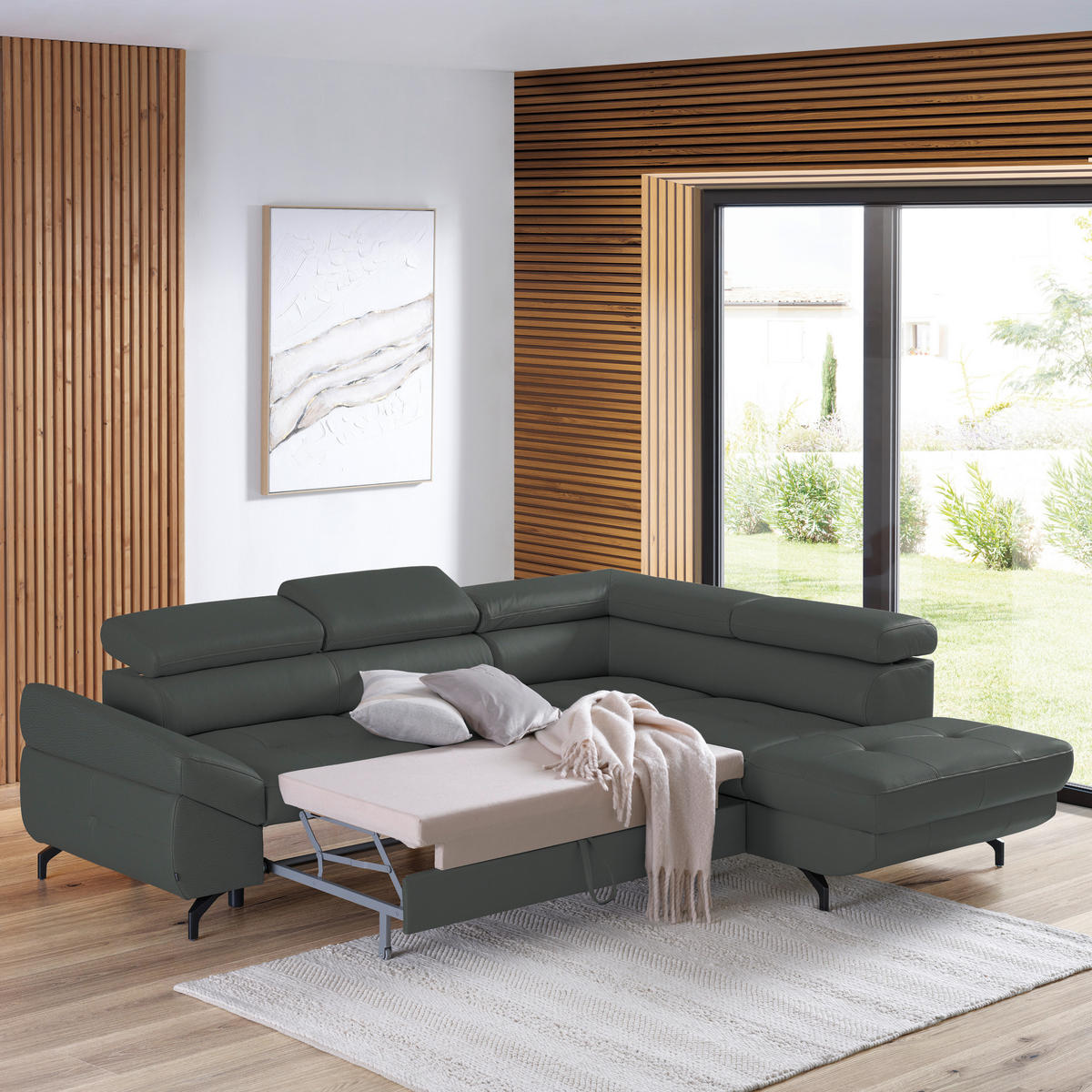ECKSOFA in Echtleder Grau  - Schwarz/Grau, Design, Leder/Metall (270/220cm) - Novel