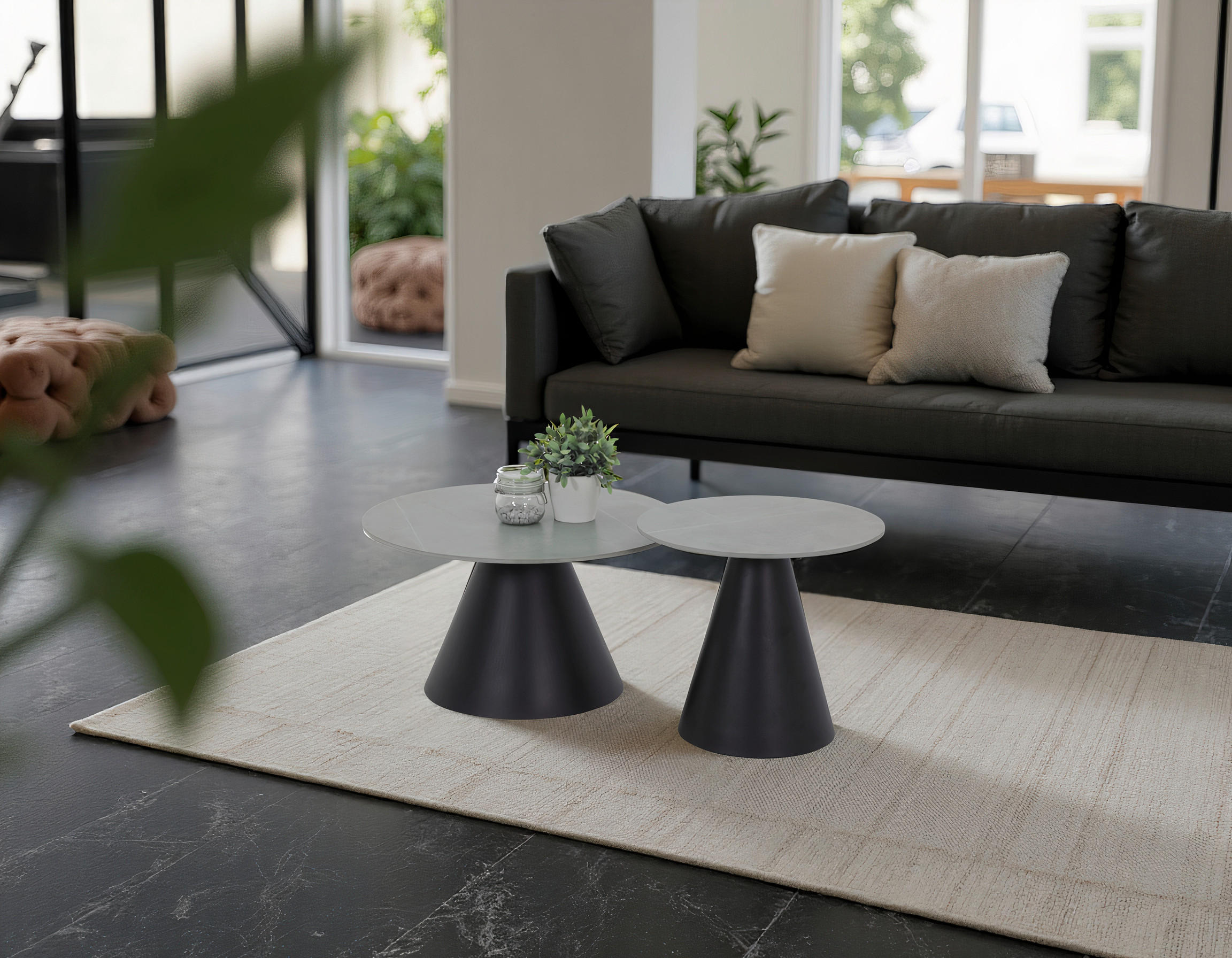 COUCHTISCHSET rund Grau, Schwarz  - Schwarz/Grau, Design, Stein/Metall (70/50/40/46cm) - Livetastic