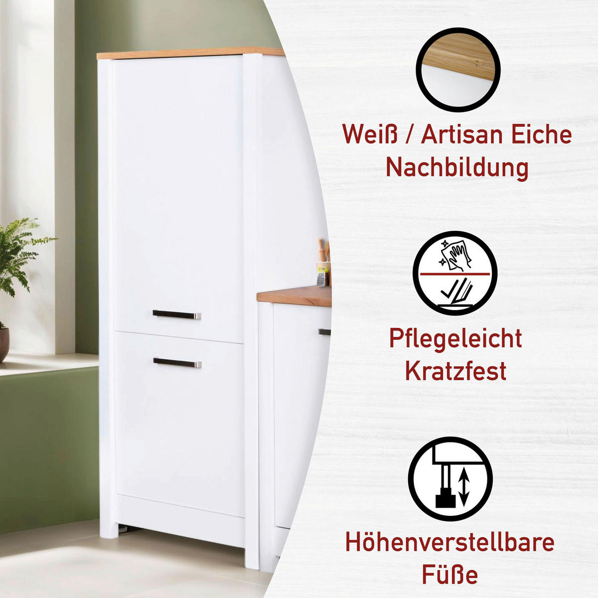 KÜCHENLEERBLOCK   in Weiß, Eiche Artisan  - Silberfarben/Weiß, MODERN, Glas/Holzwerkstoff (370/167/60cm) - home24