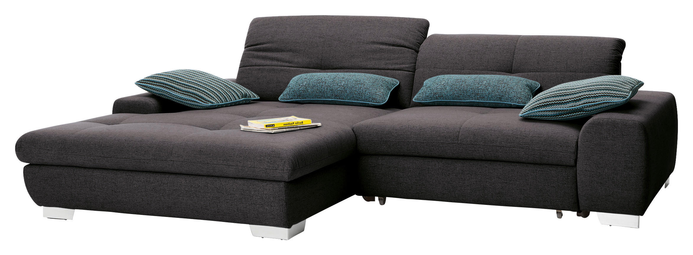 ECKSOFA Dunkelgrau Flachgewebe Rücken echt, Kopfteilverstellung, Sitztiefenverstellung  - Chromfarben/Dunkelgrau, Design, Textil/Metall (198/276cm) - SetOne by Musterring