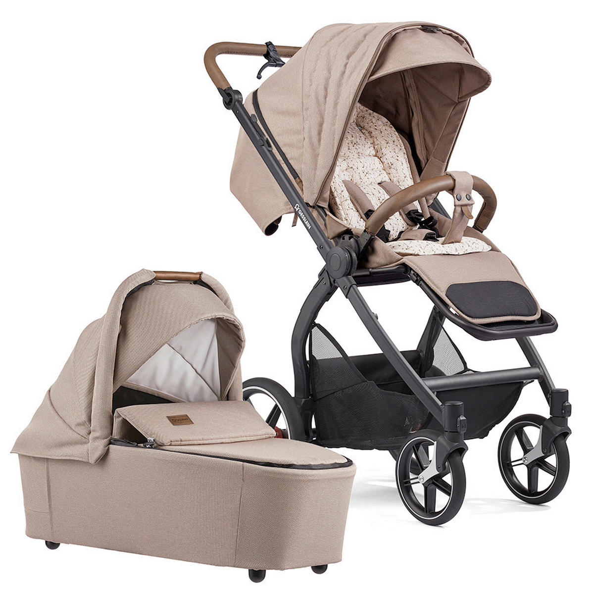 KOMBIKINDERWAGEN  FX4 Swing Set mit Handbremse  Camel-Tabak-Blume ecru  - Creme/Schwarz, Basics, Textil (100/55/130cm) - Gesslein