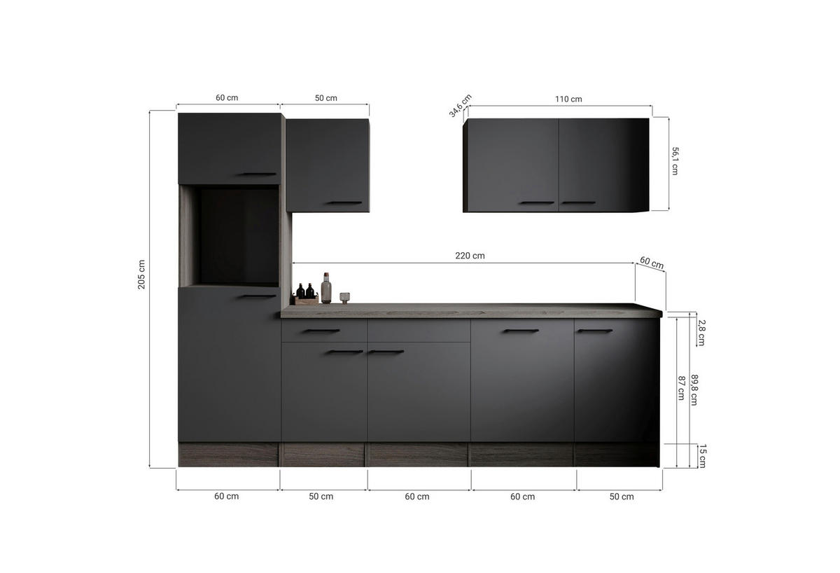KÜCHENLEERBLOCK 280 cm   in Grau, Eichefarben  - Eichefarben/Schwarz, Design, Holzwerkstoff/Metall (280cm) - Respekta