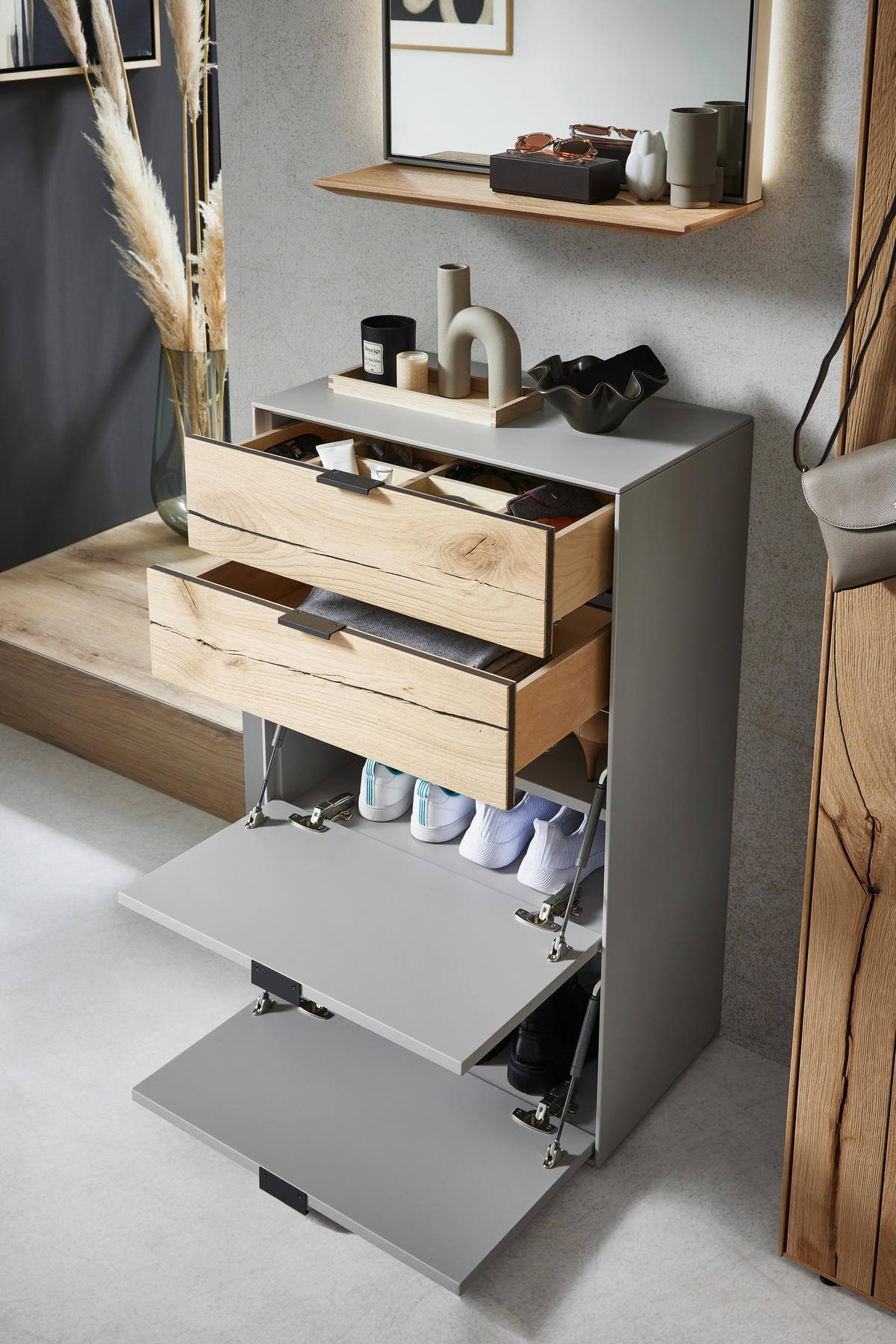 SCHUHSCHRANK Wildeiche furniert, massiv Eichefarben, Hellgrau  - Eichefarben/Hellgrau, Design, Holz/Holzwerkstoff (61,9/104,7/37,1cm) - Dieter Knoll