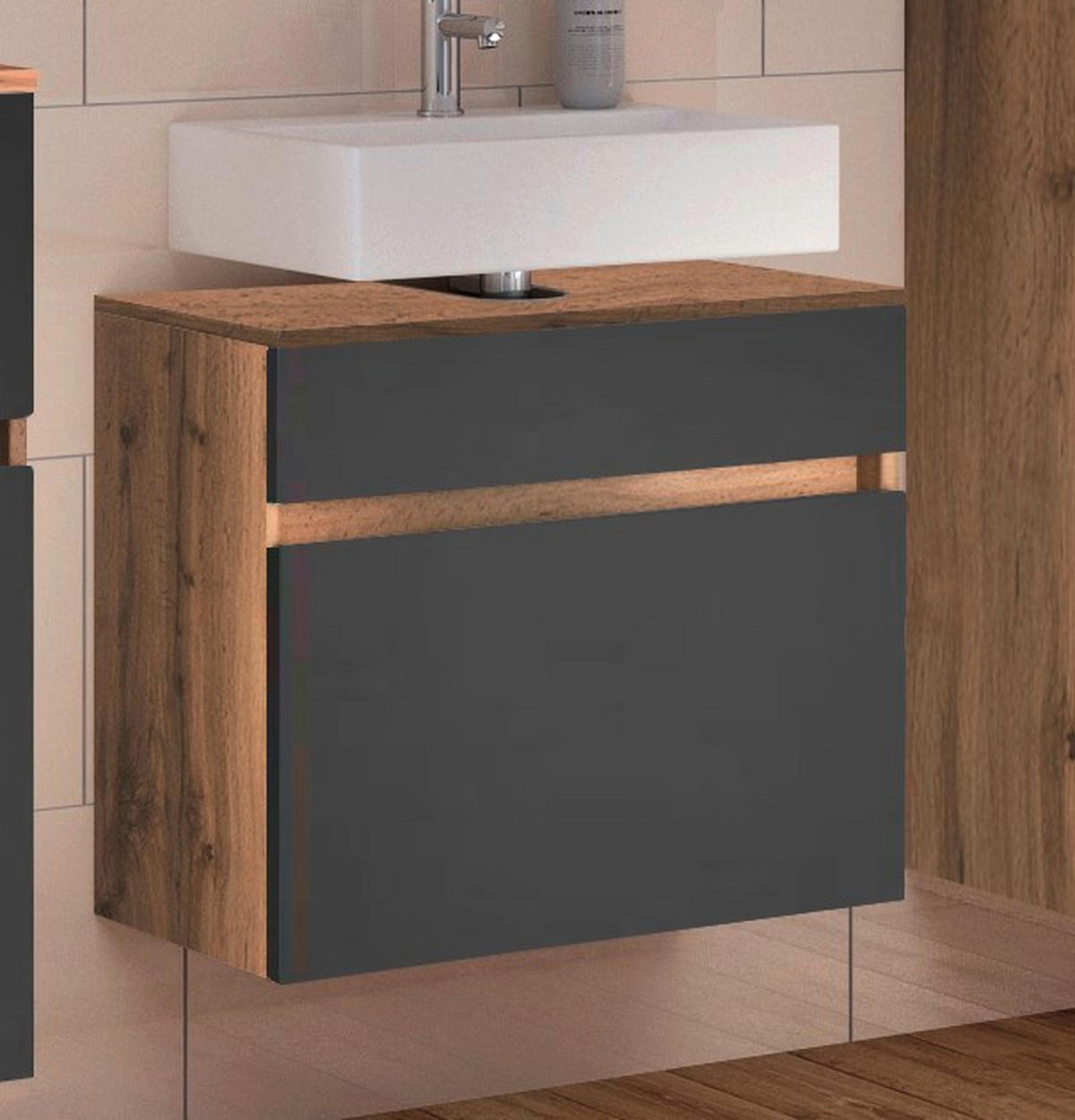 WASCHBECKENUNTERSCHRANK 60/55/35 cm  - Eiche Wotan/Silberfarben, Design, Holzwerkstoff/Kunststoff (60/55/35cm) - Held
