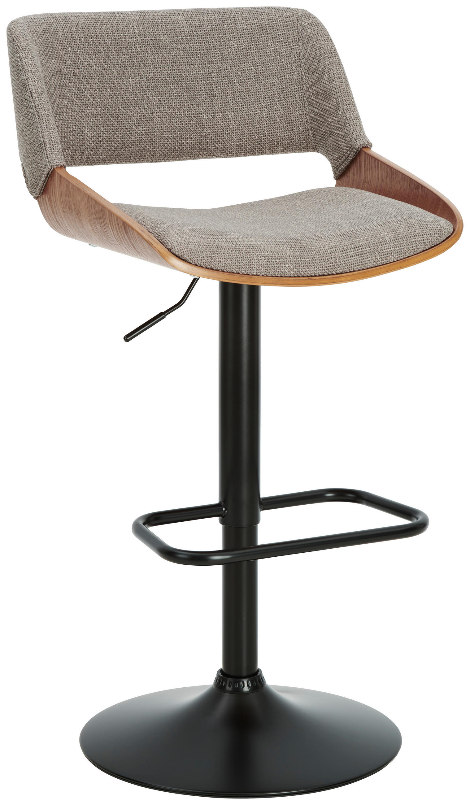 BARHOCKER Webstoff Schwarz, Dunkelgrau, Walnussfarben Eisen Pappel furniert, Sperrholz Sitzfläche 360° drehbar  - Dunkelgrau/Walnussfarben, MODERN, Holz/Textil (50,5/87-107,5/53,5cm) - Livetastic