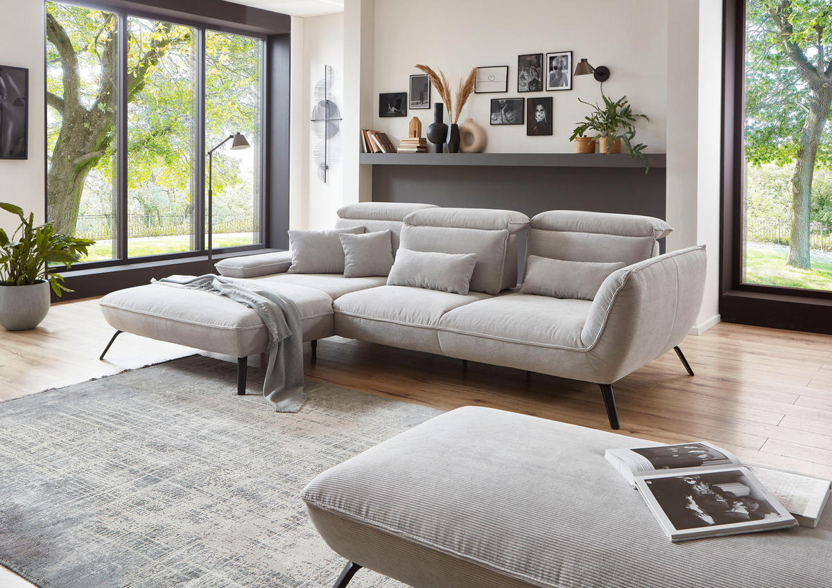 ECKSOFA Hellgrau Cord  - Hellgrau/Schwarz, Design, Textil/Metall (196/301cm) - Moderano