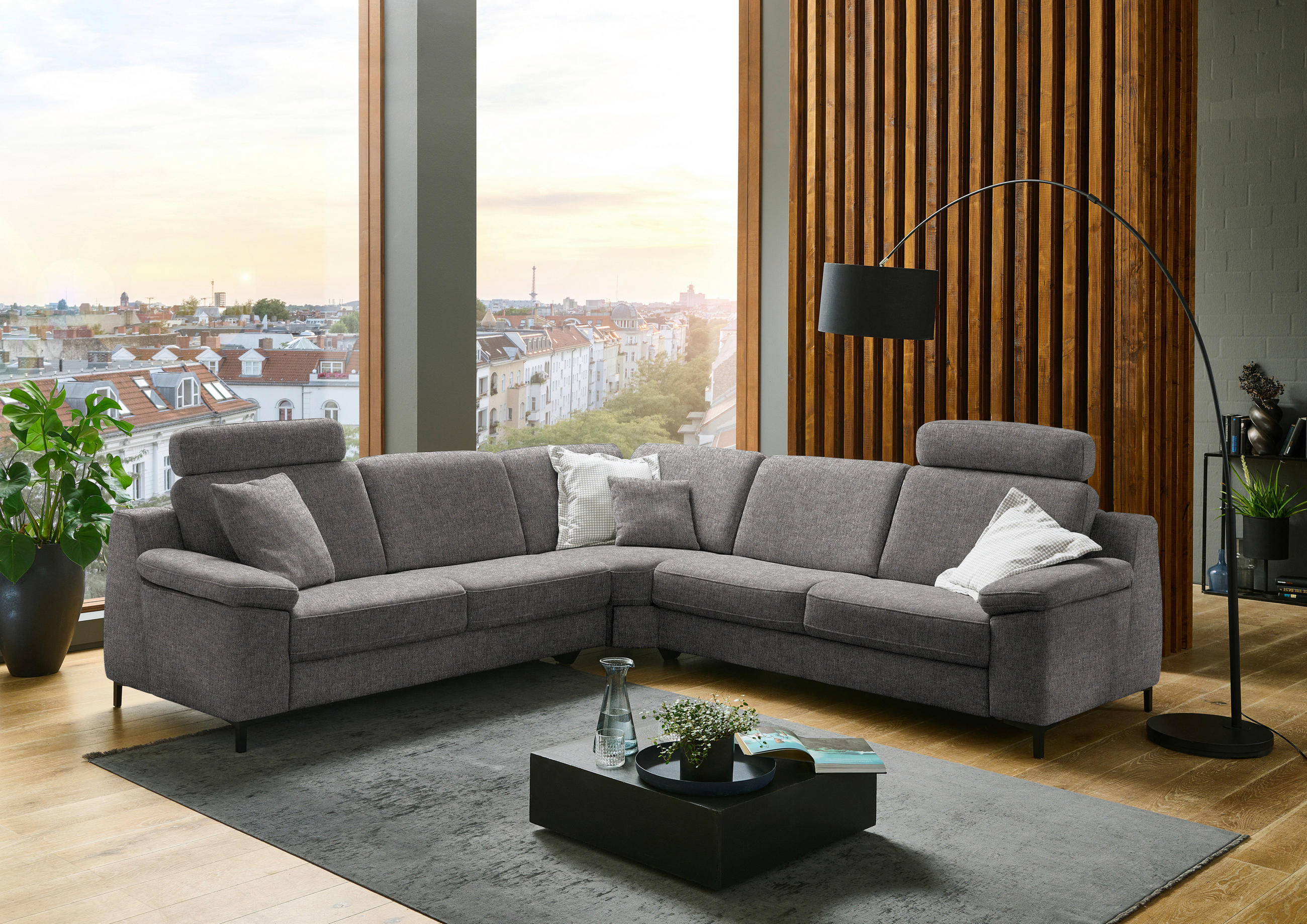 ECKSOFA in Chenille Graubraun  278/278 cm  - Graubraun/Schwarz, Design, Textil/Metall (278/278cm) - Valdera