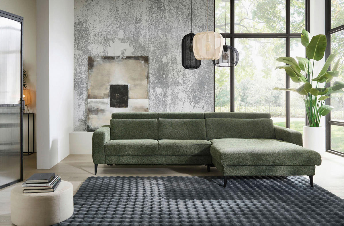 ECKSOFA Grün Chenille  - Schwarz/Grün, KONVENTIONELL, Textil/Metall (300/177cm) - Valdera