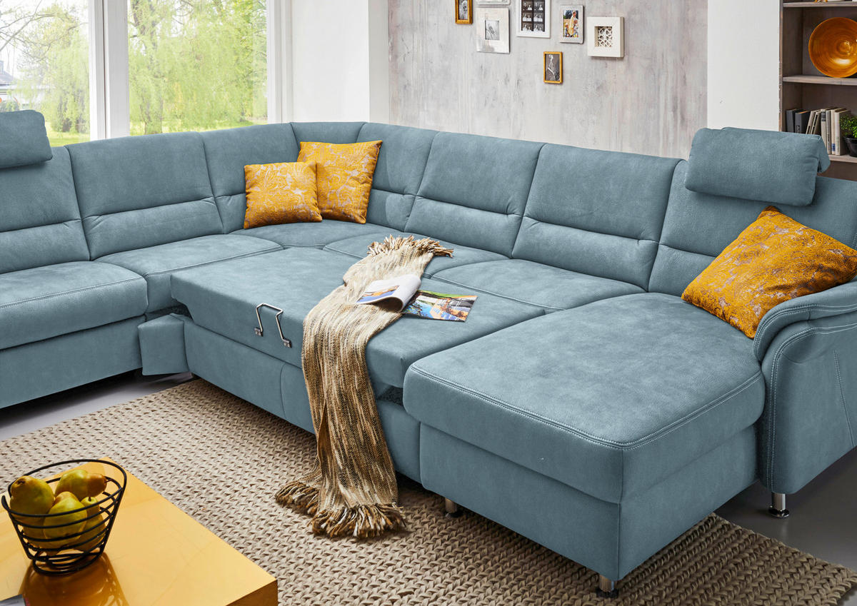 SOFFA i mikrofiber ljusblå  - ljusblå/aluminiumfärg, Klassisk, metall/textil (262/335/173cm) - Beldomo System