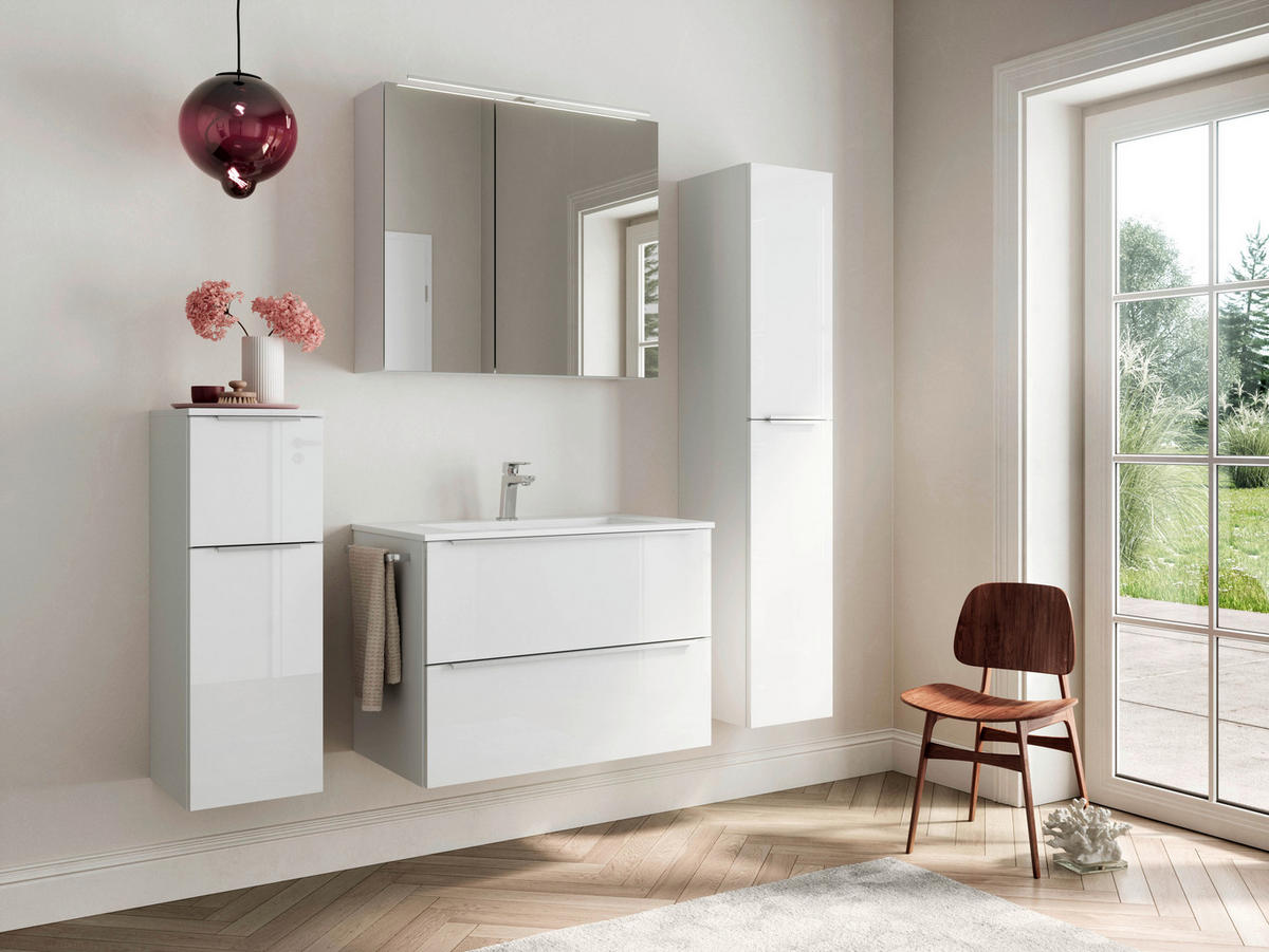 BADEZIMMER 5-teilig  in 141 cm  - Edelstahlfarben/Weiß Hochglanz, MODERN, Holzwerkstoff/Stein (141cm) - Nobilia