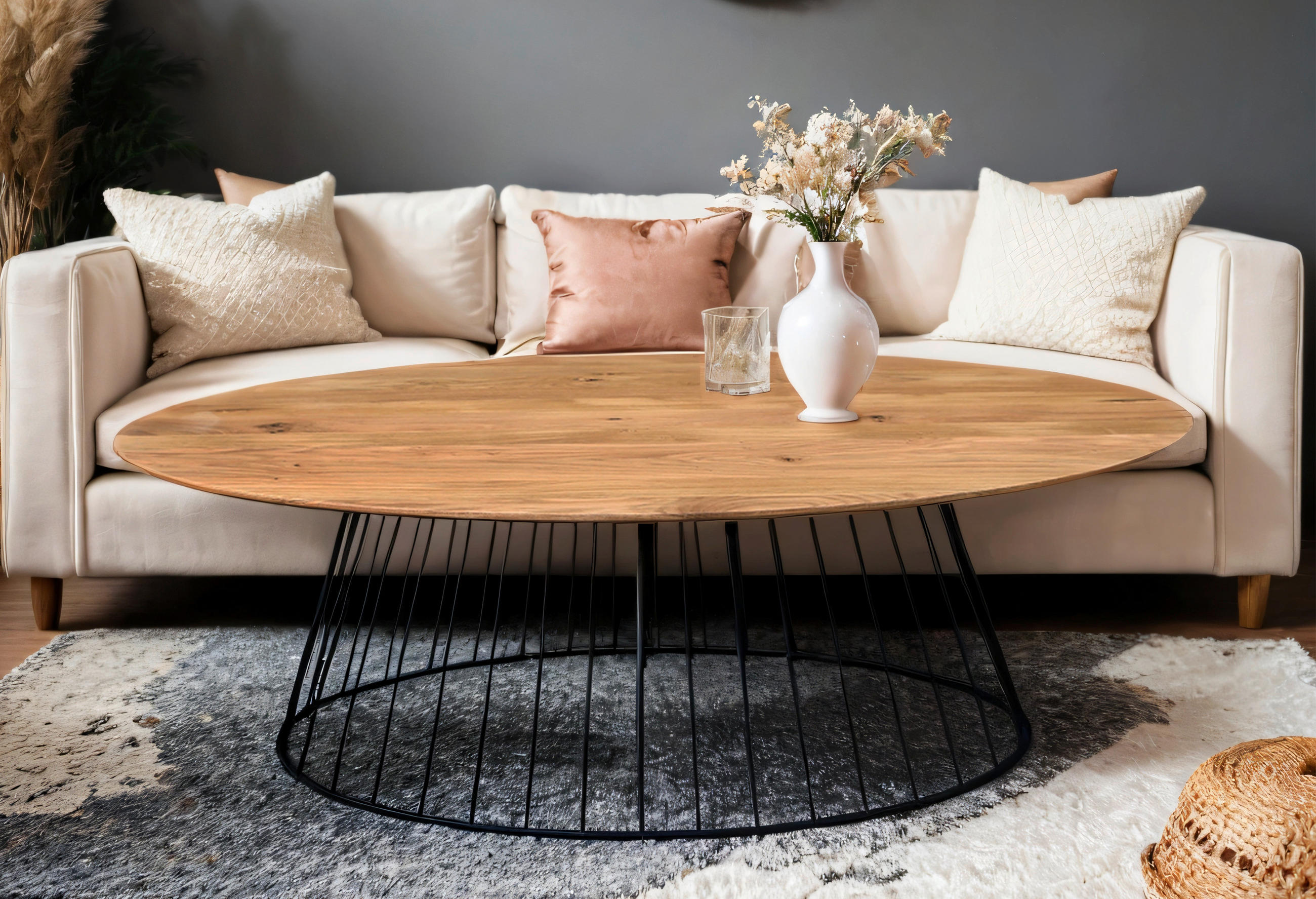 COUCHTISCH Eiche massiv oval Naturfarben, Schwarz  - Schwarz/Naturfarben, Design, Holz/Metall (120/40/65cm) - MID.YOU