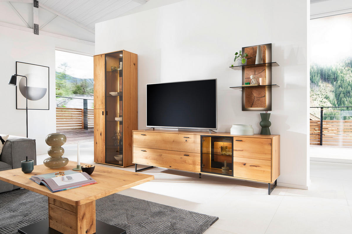 WOHNWAND  in Wildeiche 306/206/50 cm  - Wildeiche/Schwarz, Design, Glas/Holz (306/206/50cm) - MID.YOU