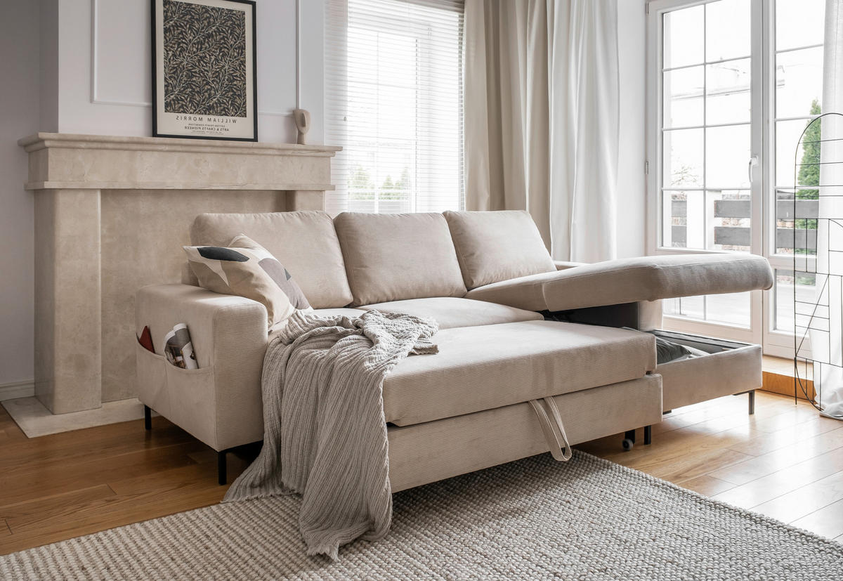 ECKSOFA in Cord Beige  236/148 cm  - Beige/Schwarz, Design, Textil/Metall (236/148cm) - MID.YOU