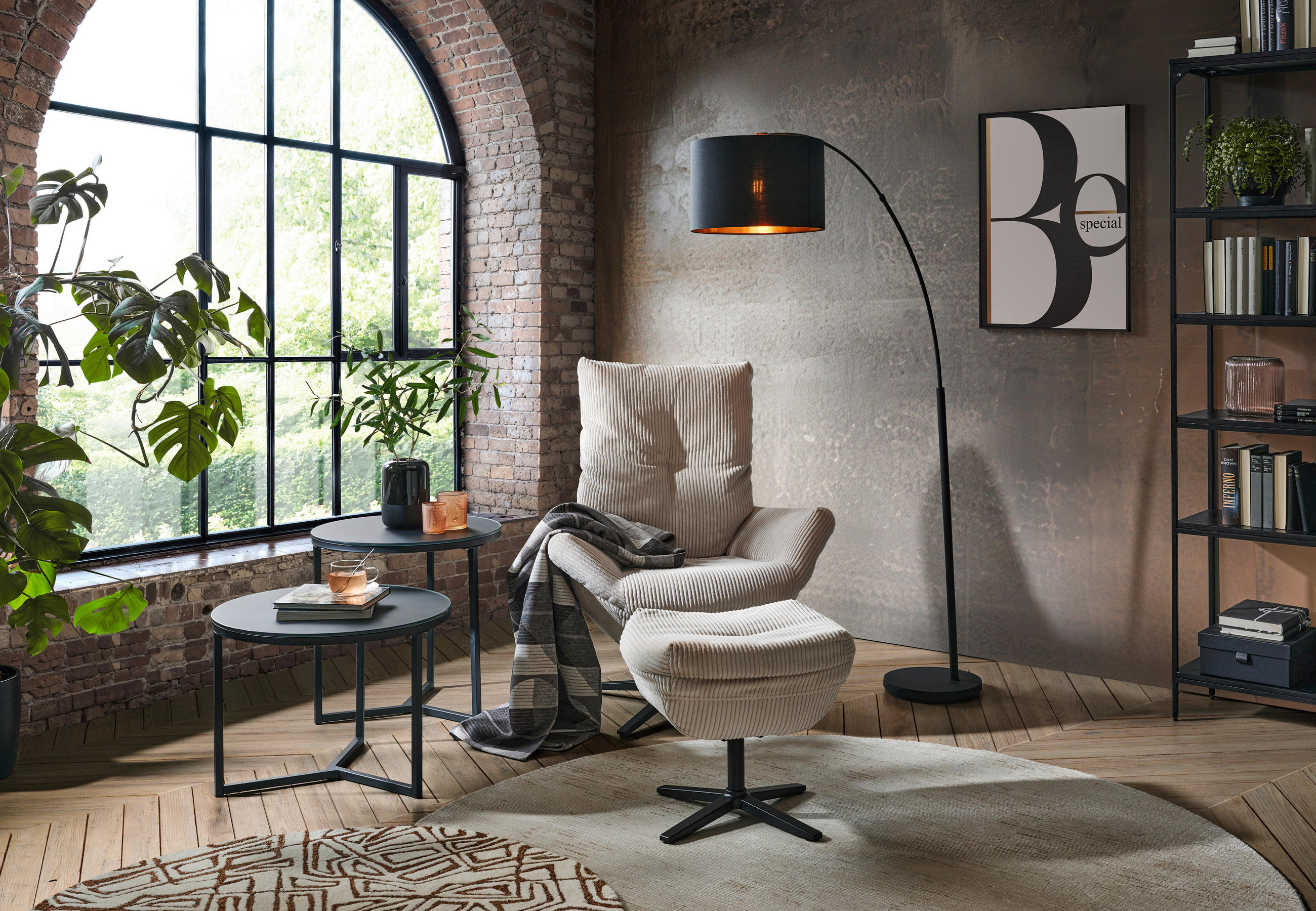RELAXSESSELSET Cord Relaxfunktion, Hocker - Beige/Schwarz, Design, Textil/Metall (77/100/78cm) - Carryhome