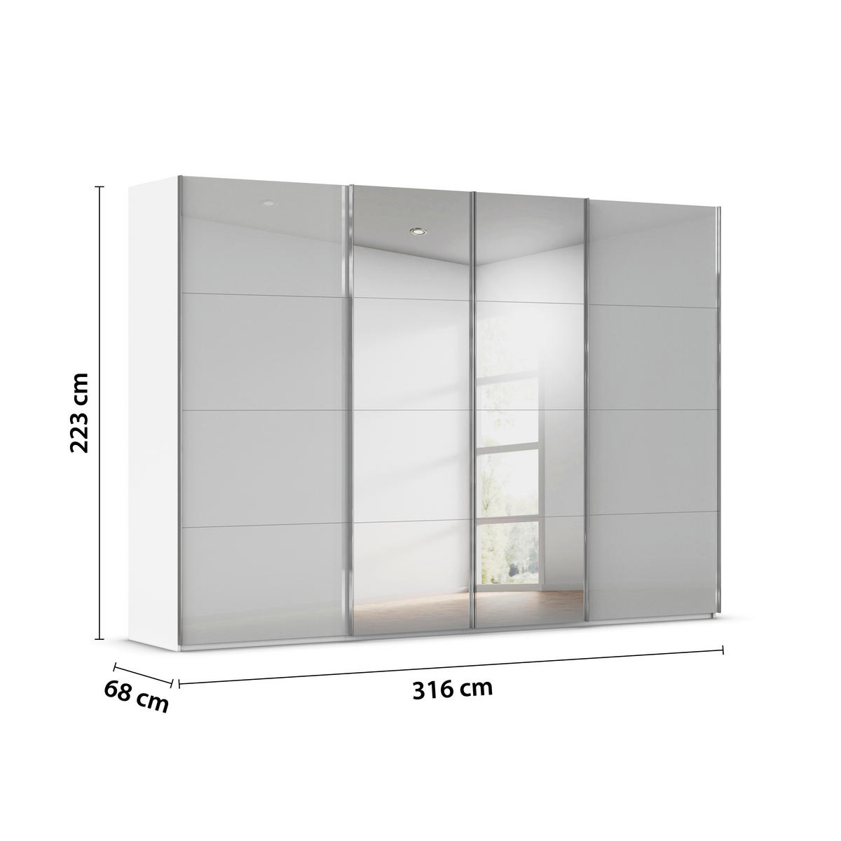SCHWEBETÜRENSCHRANK 316/223/68 cm 4-türig Weiß, Seidengrau  - Chromfarben/Seidengrau, Design, Glas/Holzwerkstoff (316/223/68cm) - Novel