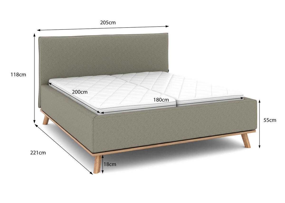 POLSTERBETT 180/200 cm,  in Hellgrau, Matratze, Lattenrost, Bettkasten, H2 + H3 = mittel + fest  - Eichefarben/Hellgrau, Design, Holz/Textil (180/200cm) - Musterring