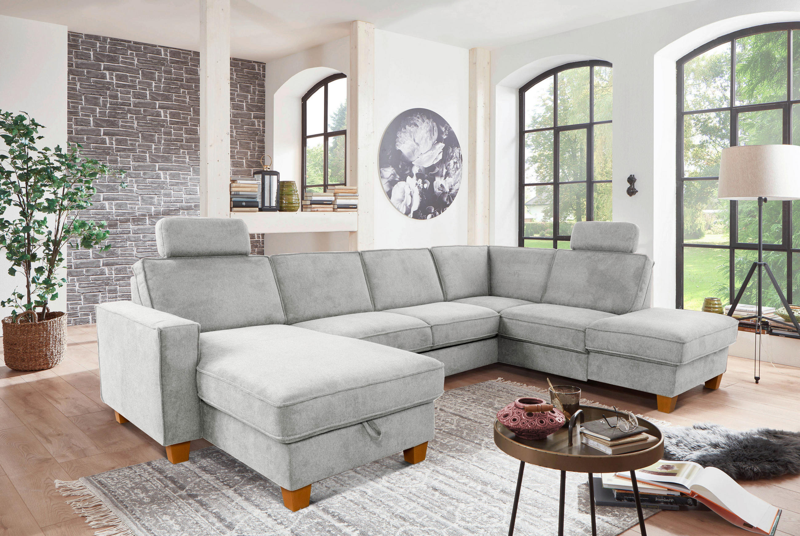 WOHNLANDSCHAFT Silberfarben Flachgewebe  - Eichefarben/Silberfarben, KONVENTIONELL, Holz/Textil (161/309/213cm) - Sit & More