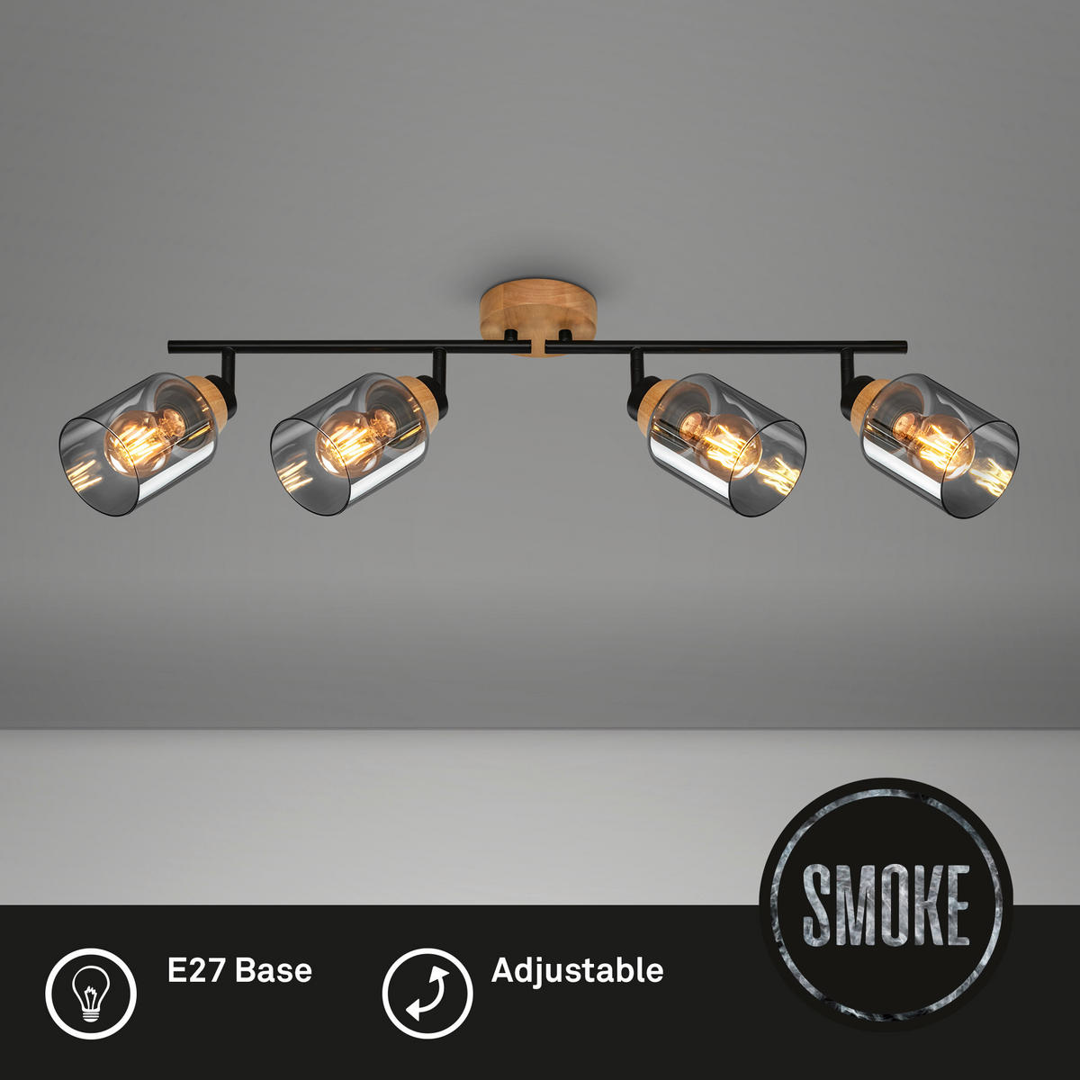 DECKENSPOTS 68/11/24 cm   - Eichefarben/Schwarz, Design, Glas/Holz (68/11/24cm)